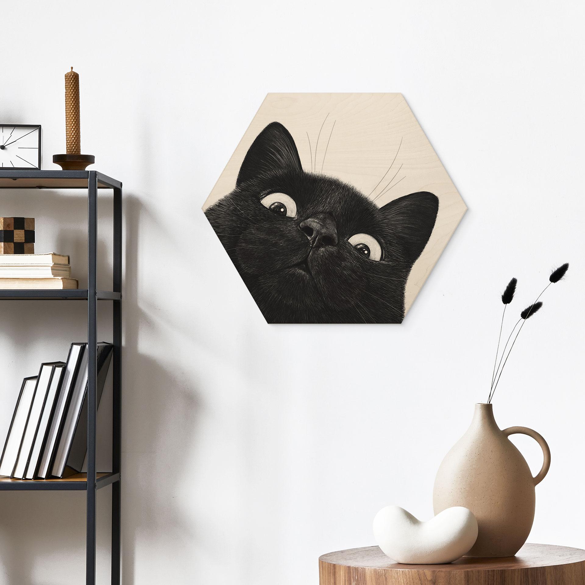 Hexagon billede af træ Sjov sort kat - Korenkova