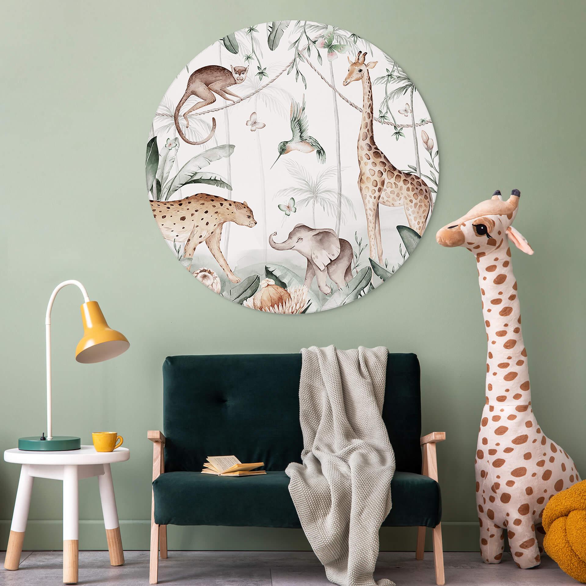 Wandbild Kinderzimmer Tiere im Dschungel - Alu-Dibond Rund - Kvilis