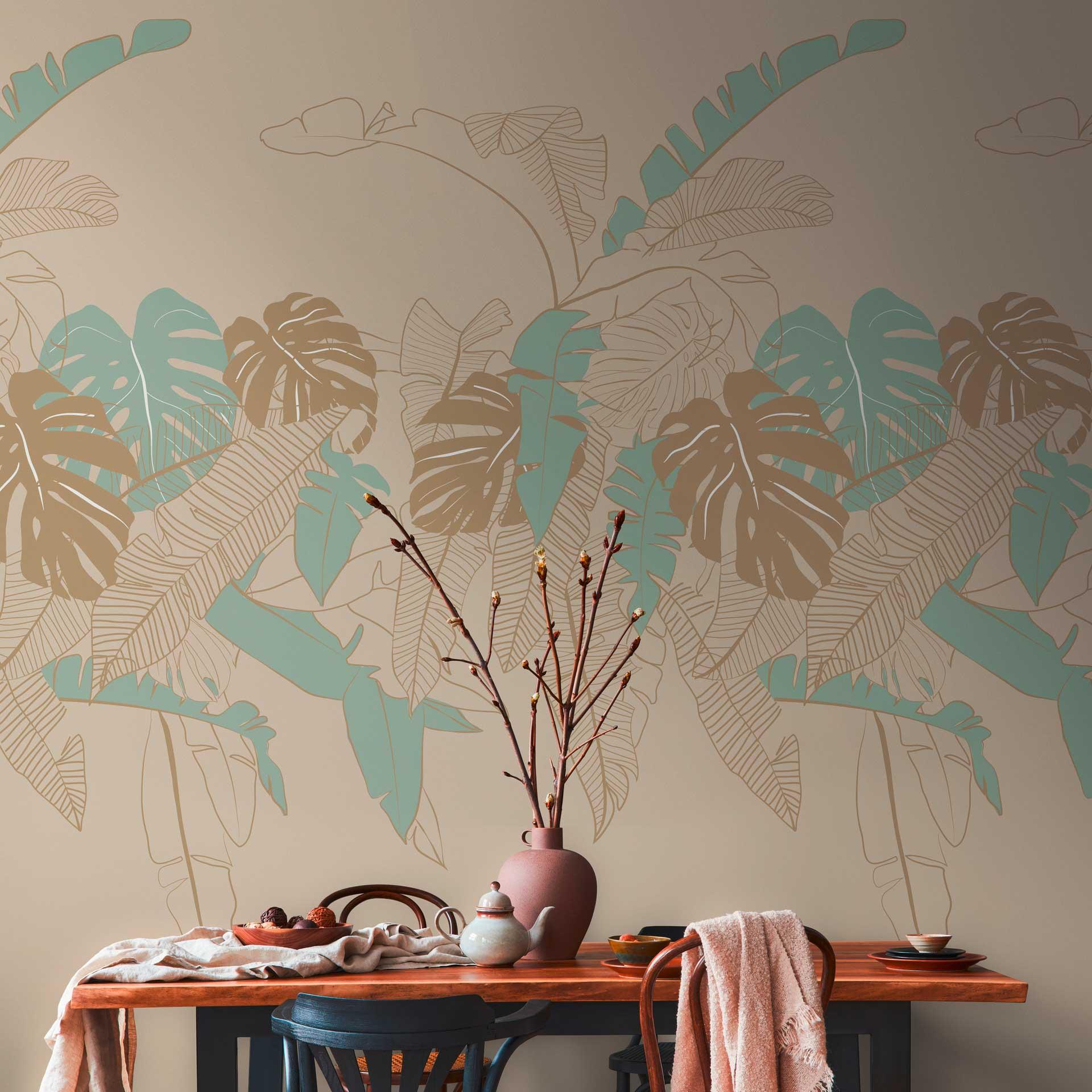 Tapet palmeblade beige grøn - natur blomstret tapet - vægbeklædning palmer