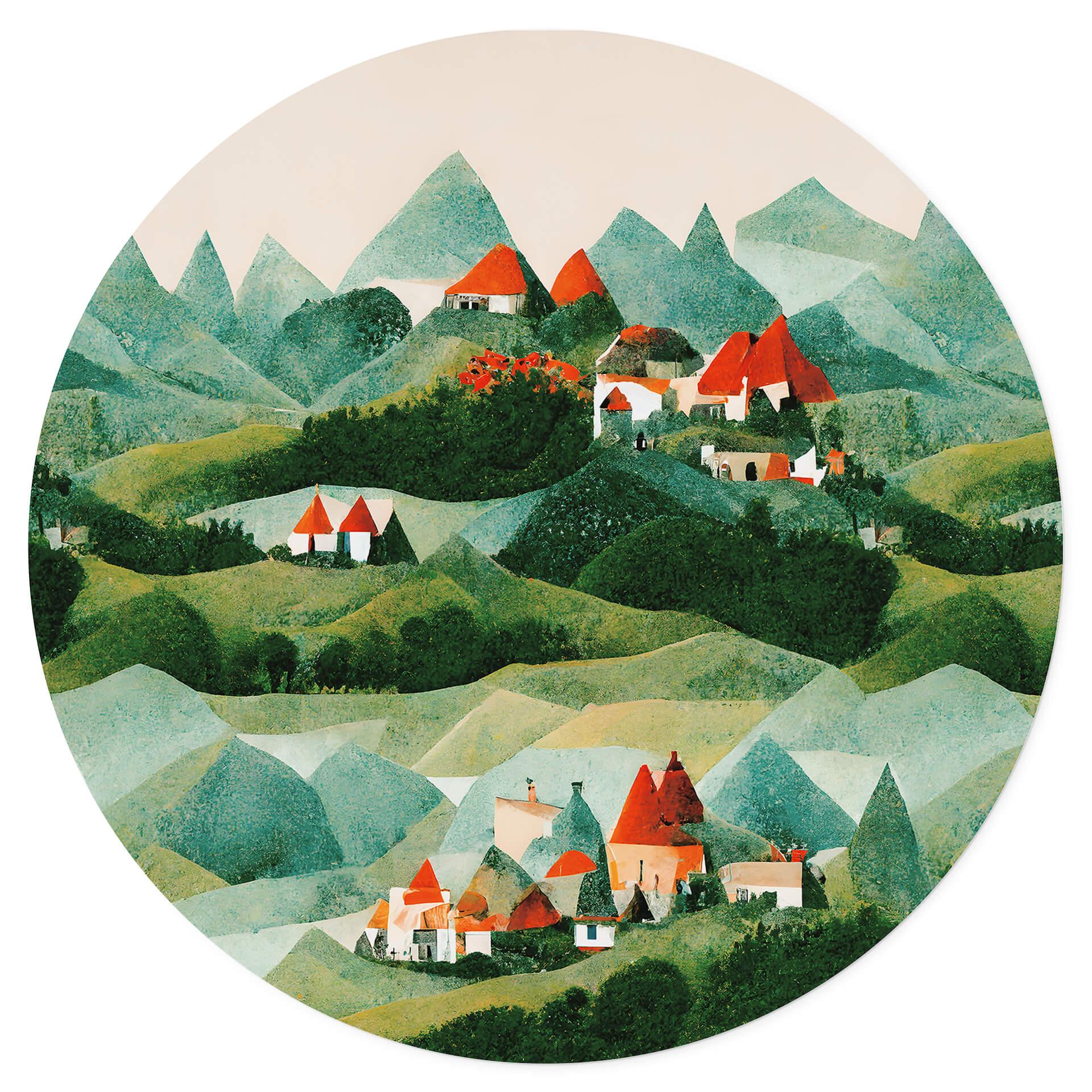 Vinilo decorativo infantil Treechild - Pequeño pueblo entre verdes colinas - Redondo