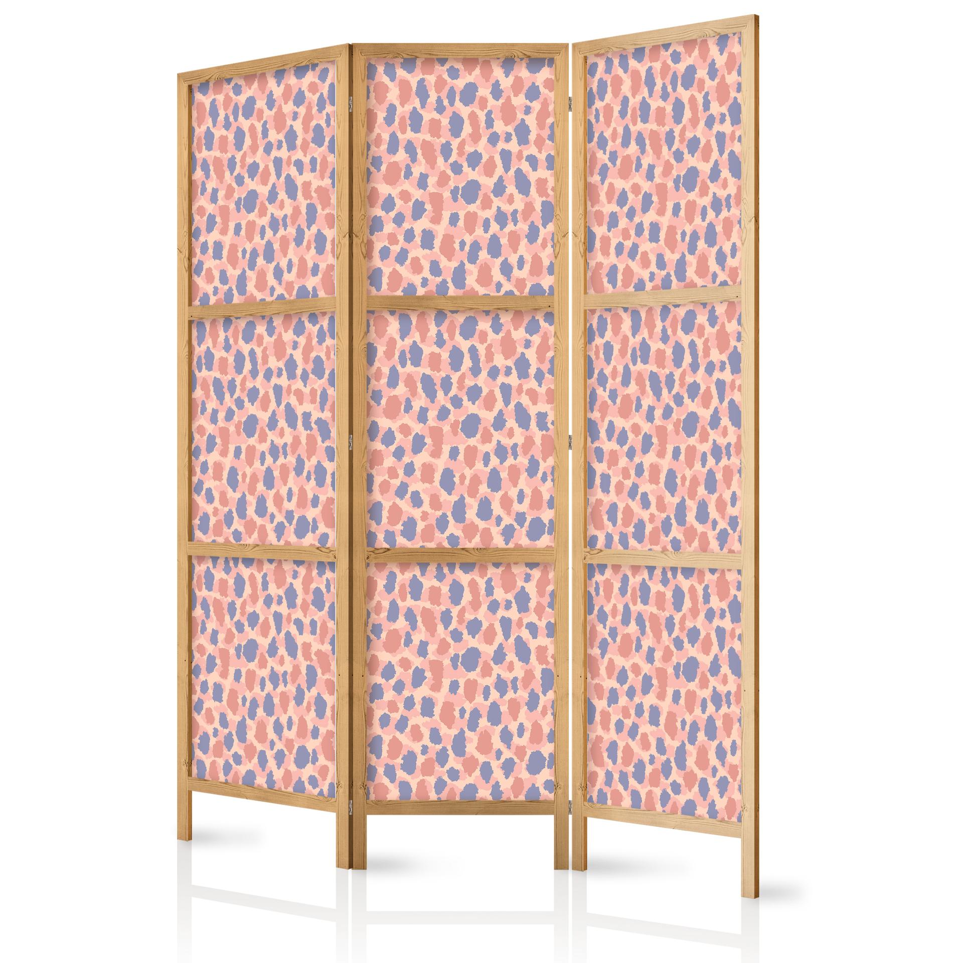 Japanischer Paravent, Raumteiler freistehend, Trennwand - Giraffe Pattern in Blue-Pink Spots