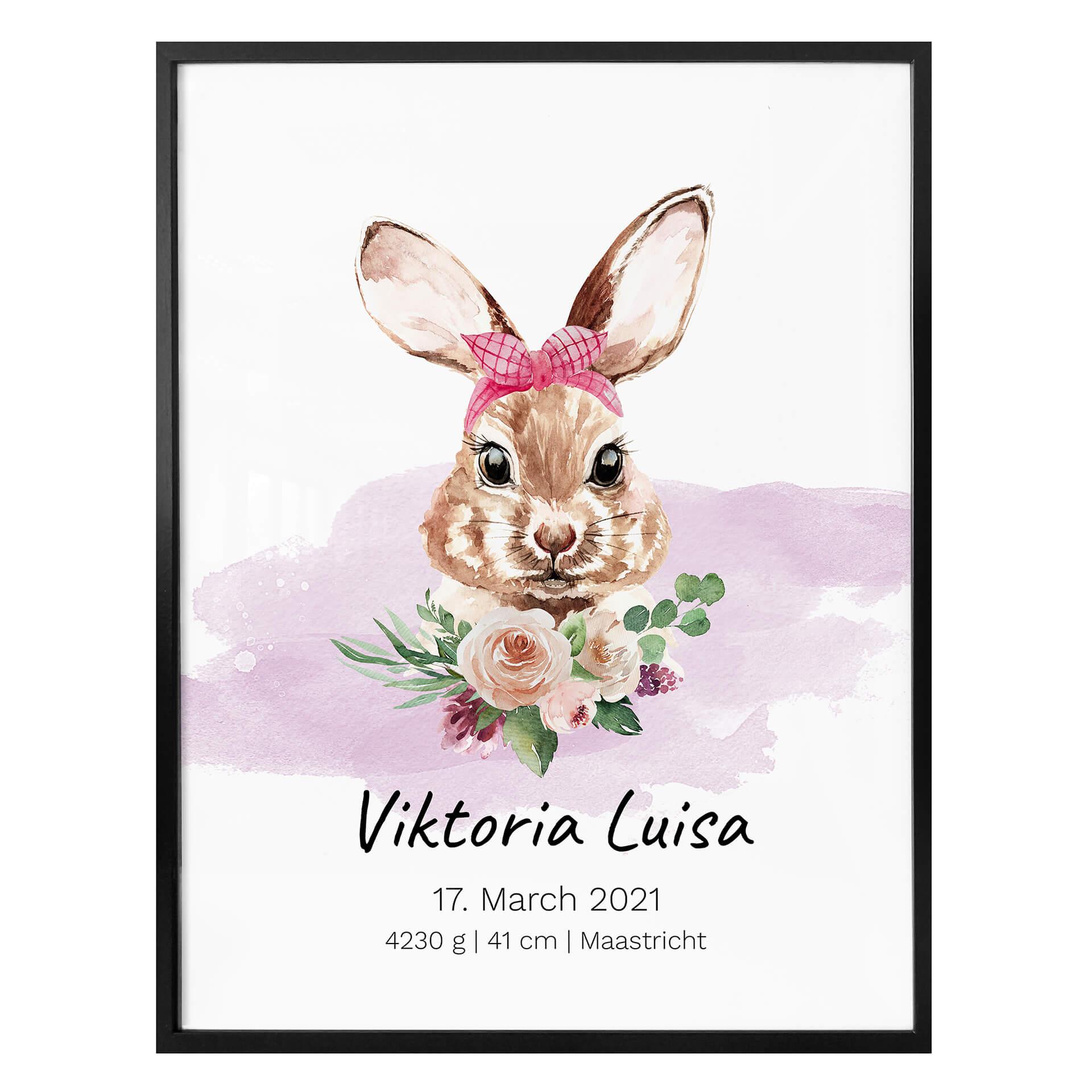 Poster Lapin rose + Texte à personnaliser