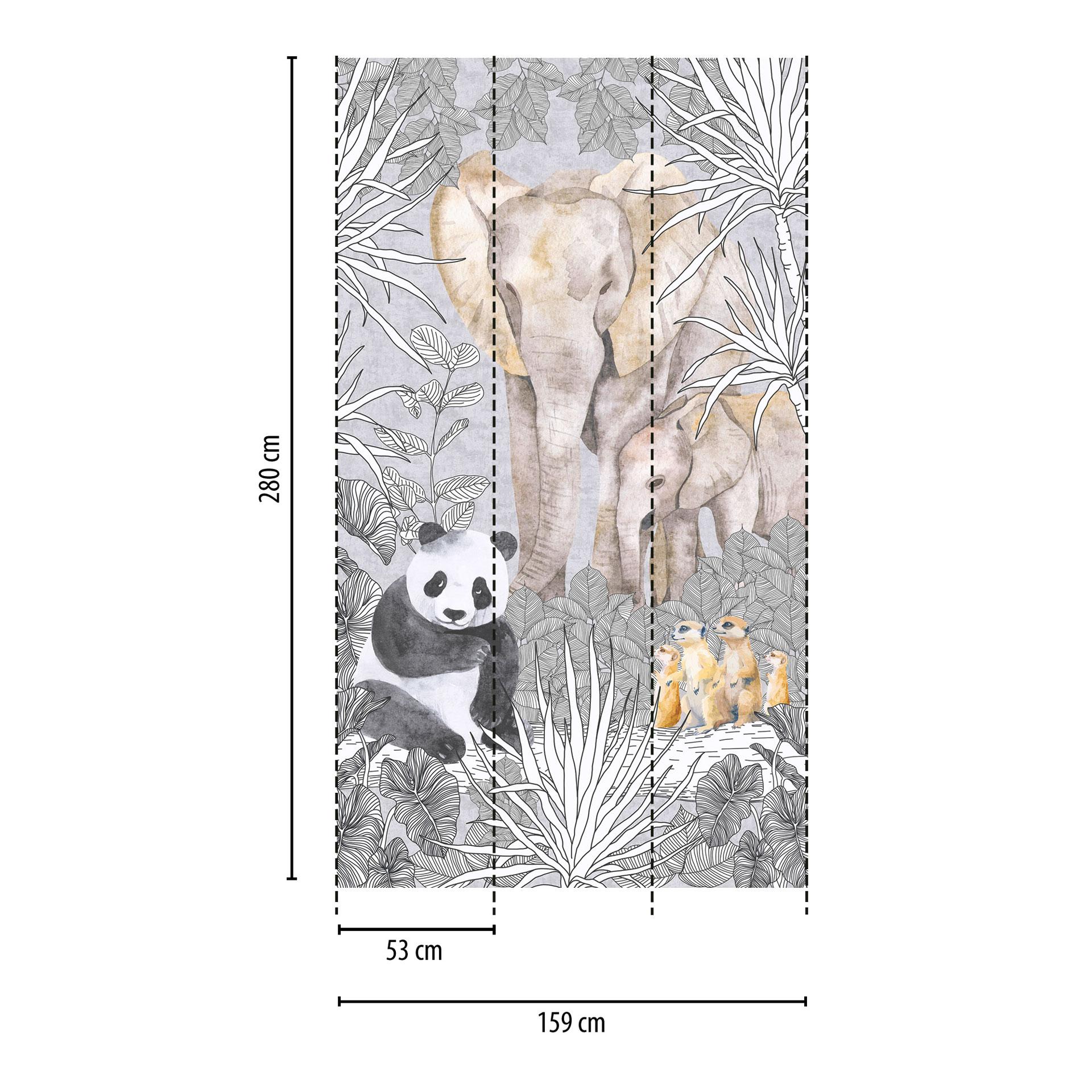 Fotobehang grijs kleurrijk - jungle dieren panda olifant stokstaartje - Vliesbehang