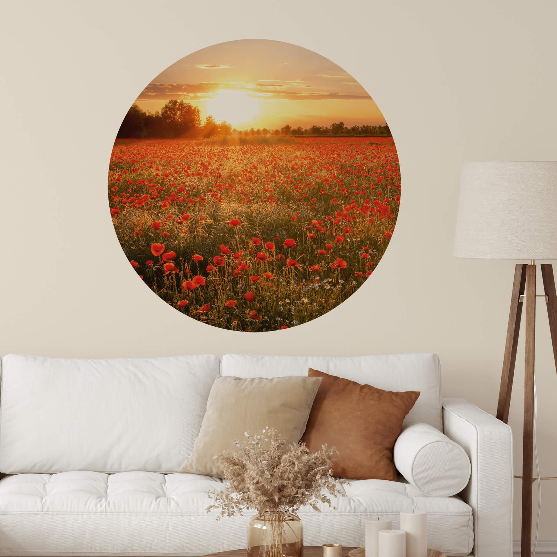 Valmuemark ved solnedgang Wallsticker - Rund