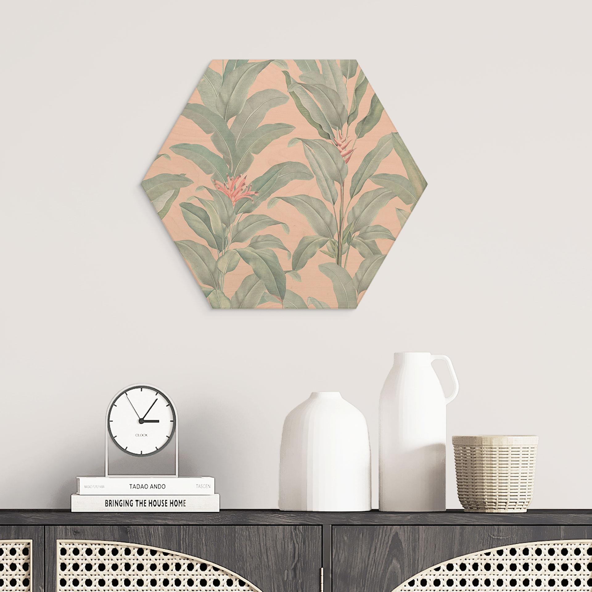 Sekskantet billede af træ Urban Jungle Tropical Leaves Pink - Bloomery Decor