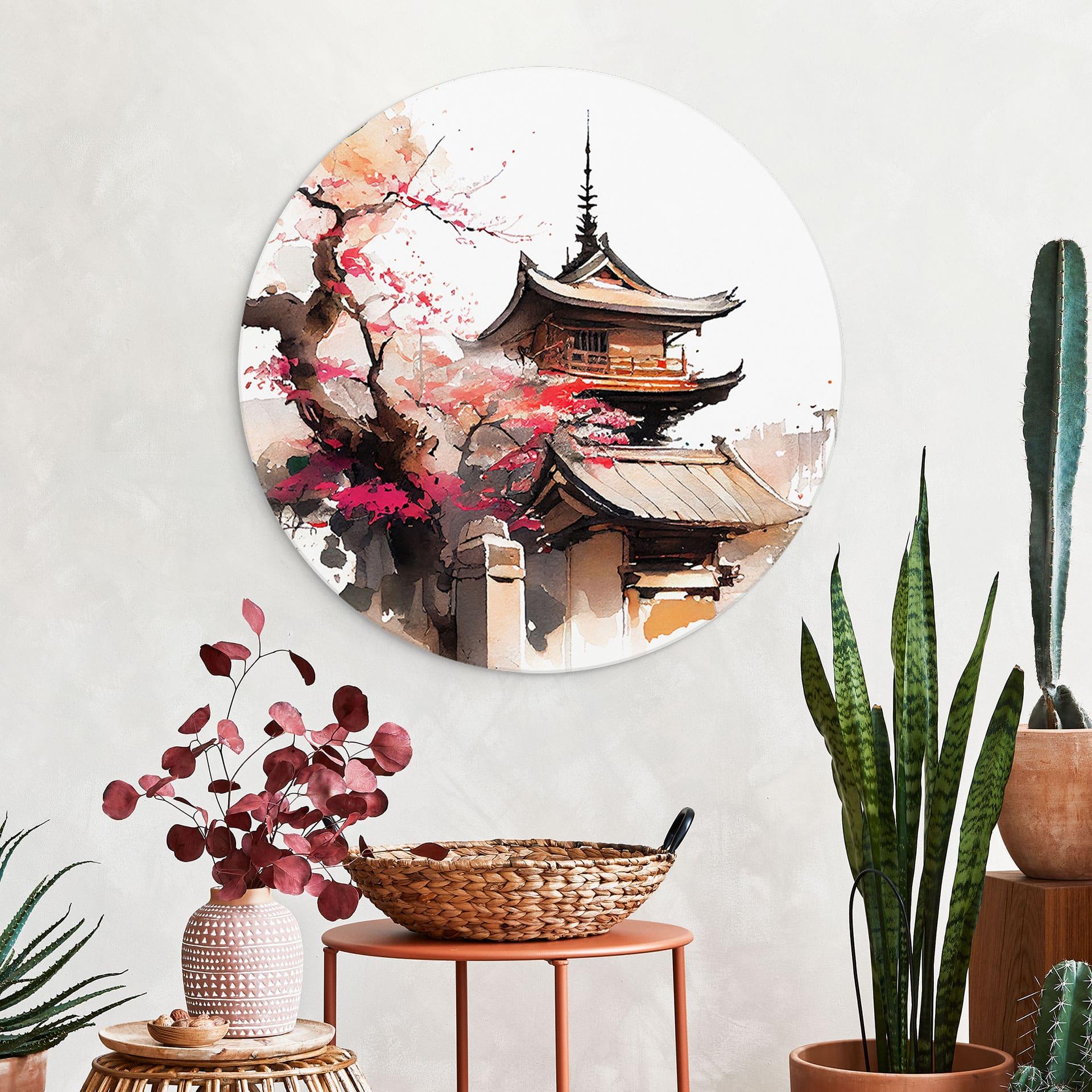 Wandbild Japanische Pagode mit Kirschblüten - Jaszke - Alu-Dibond - Rund