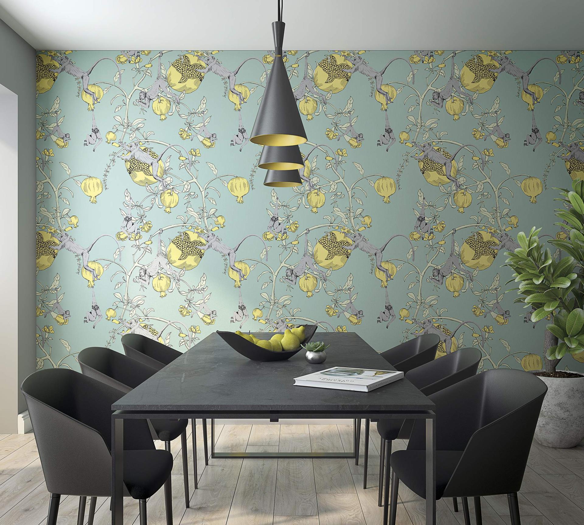 Fototapet med aber og planter, gul illustration 2,70 x 1,06 m
