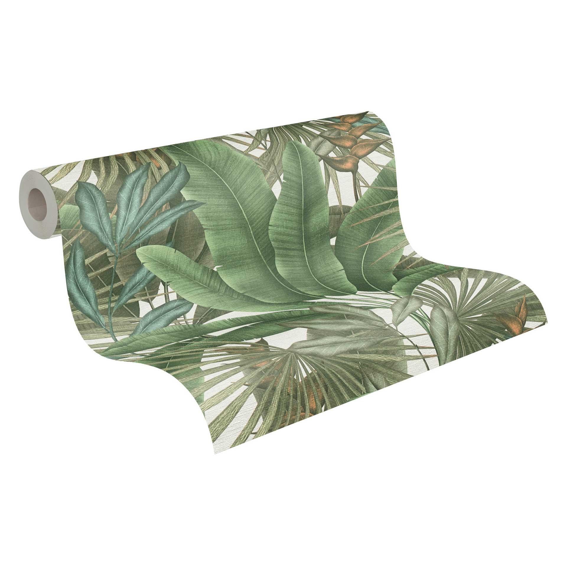 Tropisch bladbehang in pastelgroen - vliesbehang met natuurmotieven voor woonkamers