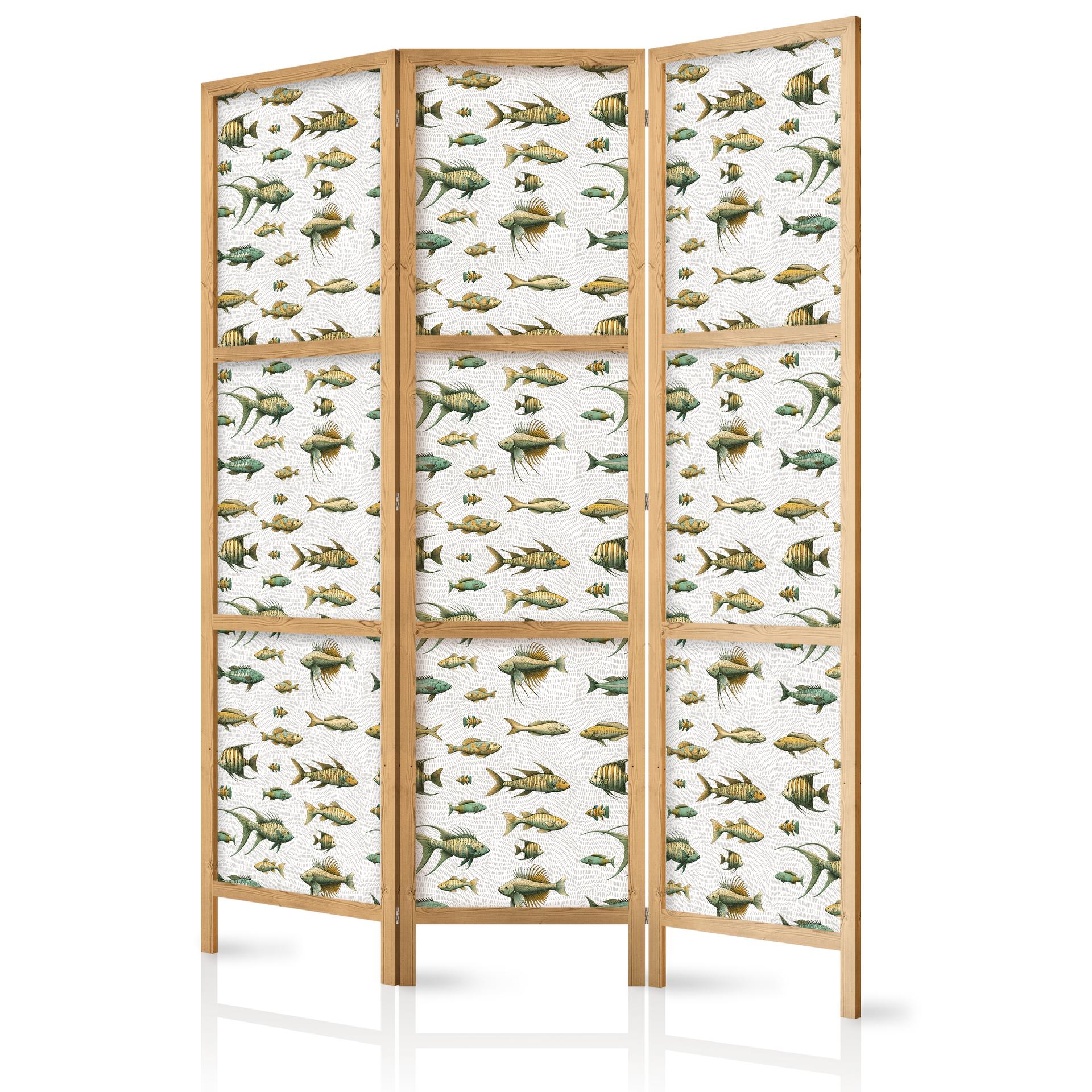 Japanischer Paravent, Raumteiler freistehend, Trennwand - Fish in Beige Tones Presented in Vintage S