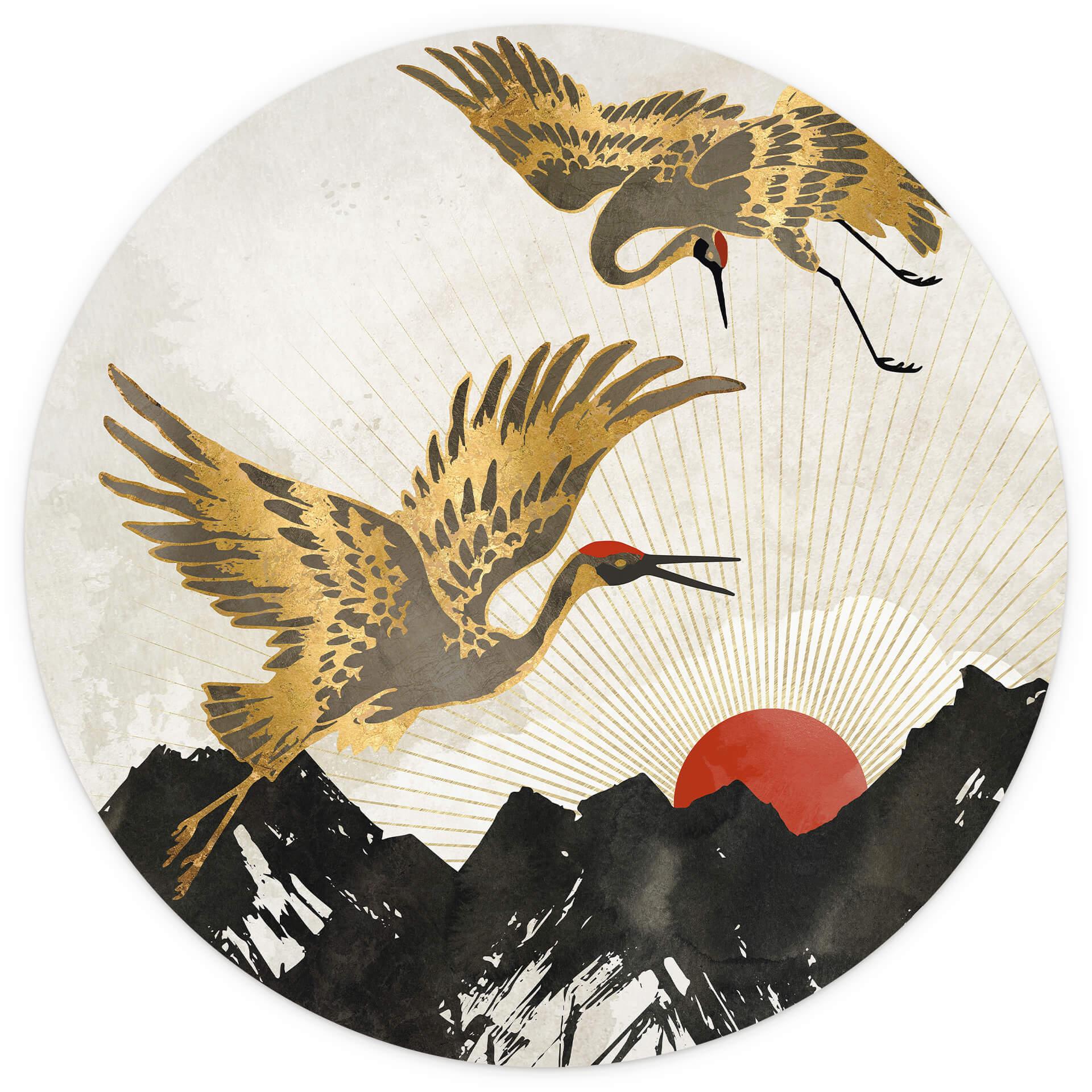 Behangcirkel SpaceFrog Designs - Gouden Kraanvogels - Japandi - vliesbehang/zelfklevend vliesbehang