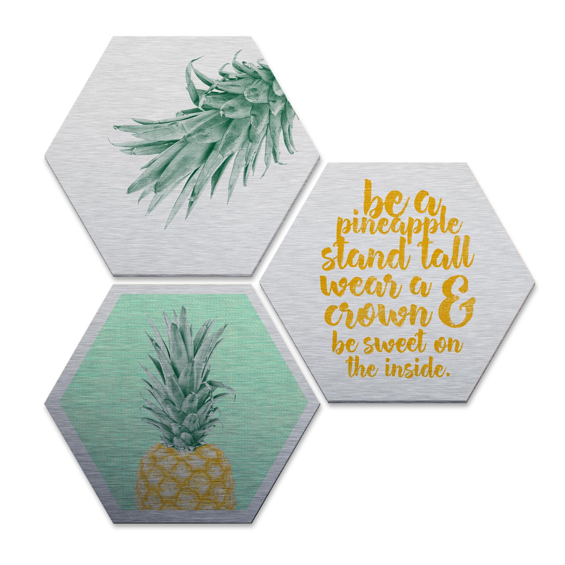 Hexagone - Alu-Dibond-Effet argenté - Ananas (Set de 3)