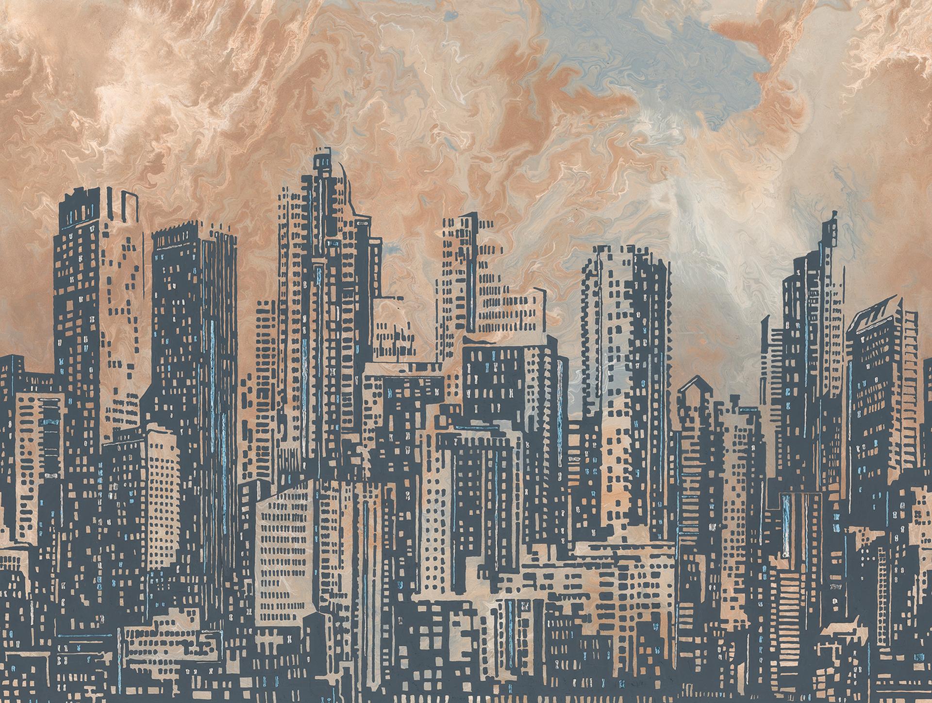 behang skyline oranje grijs - vliesbehang architectuur Livingwalls - mat en glad