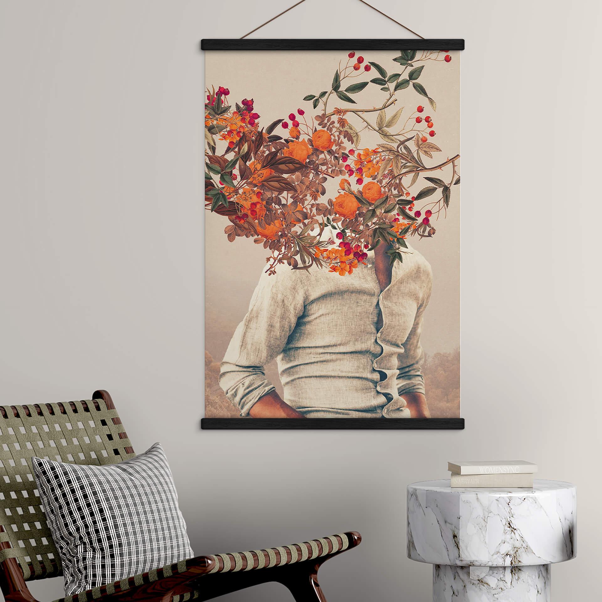 Obraz tkaniny Ćma - Człowiek z kwiatami - Surrealistyczna sztuka