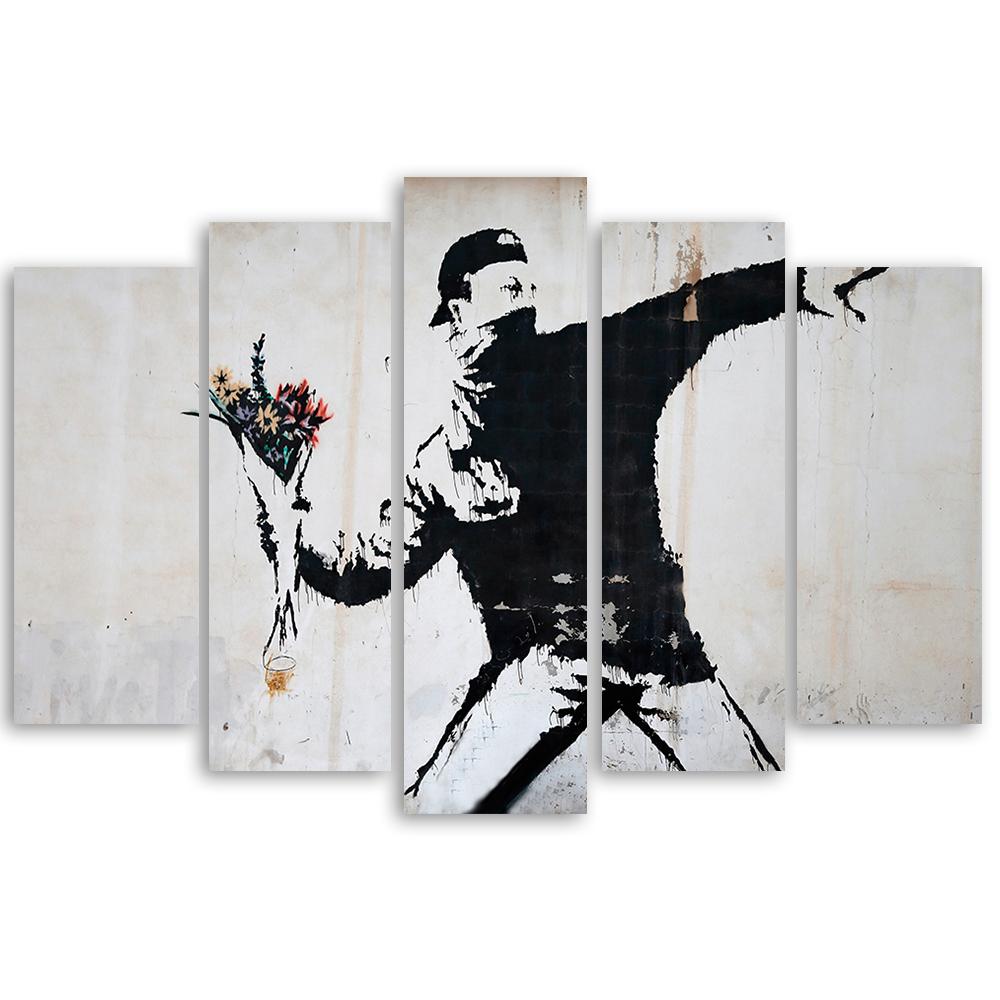 5 stykke lærredstryk, Banksy Graffiti kunstblomster