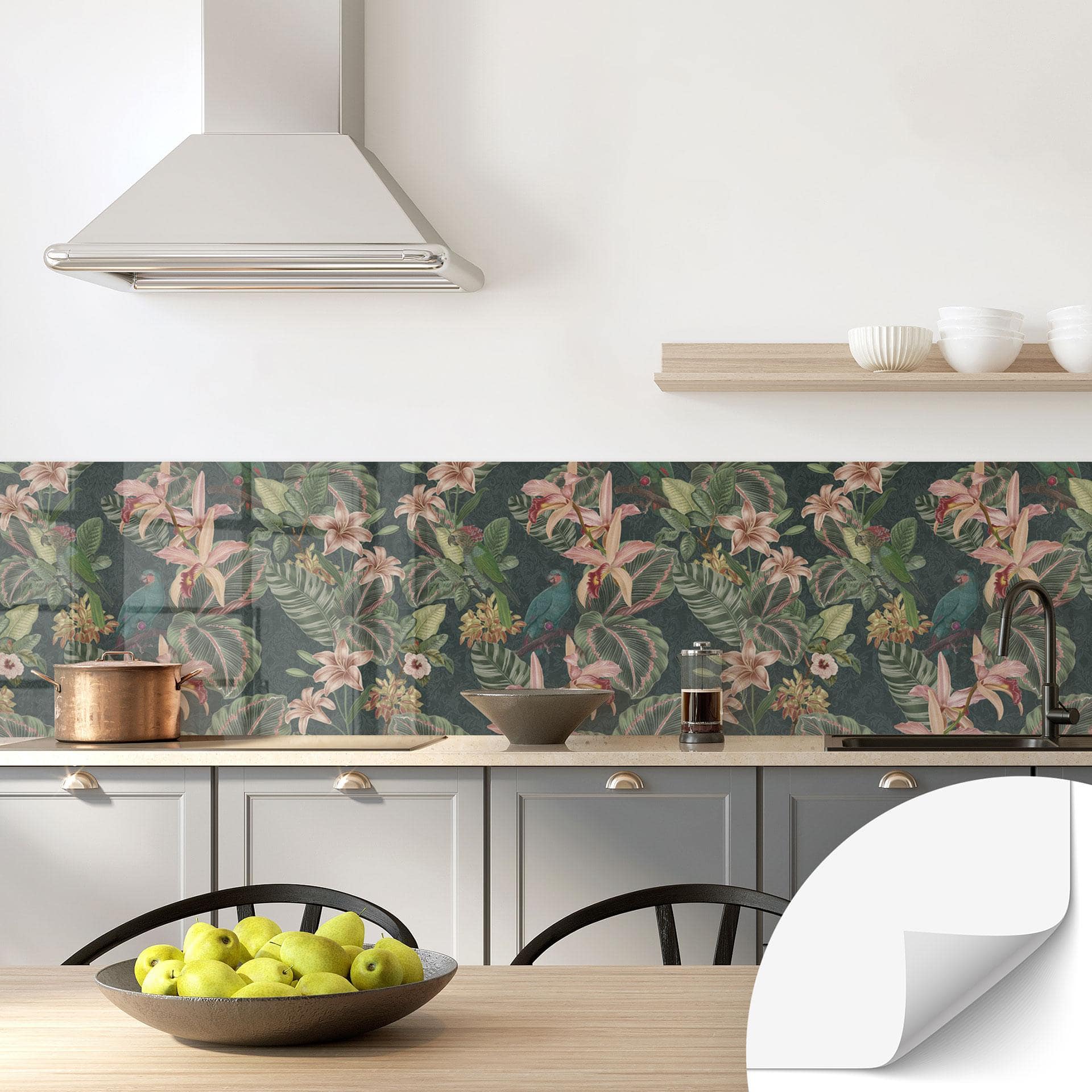 Selvklæbende stænkplade til køkken jungle med papegøjer natgrøn - Bloomery Decor
