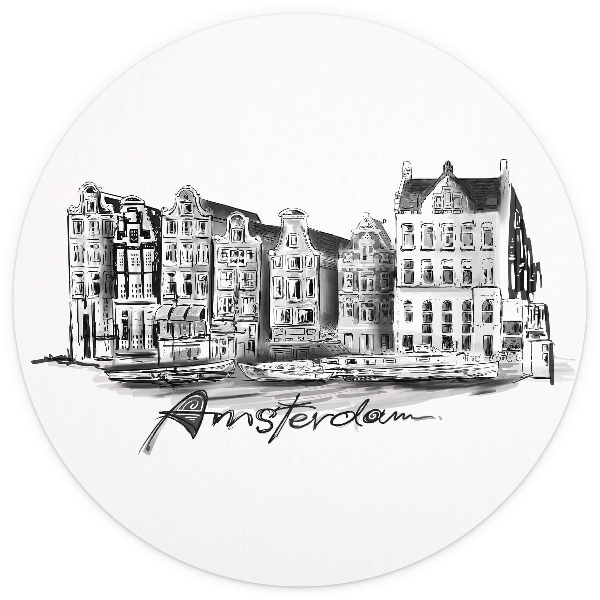 Fotomural Amsterdam - Blanco y negro - Redondo - Love your City - Papel pintado autoadhesivo/no teji