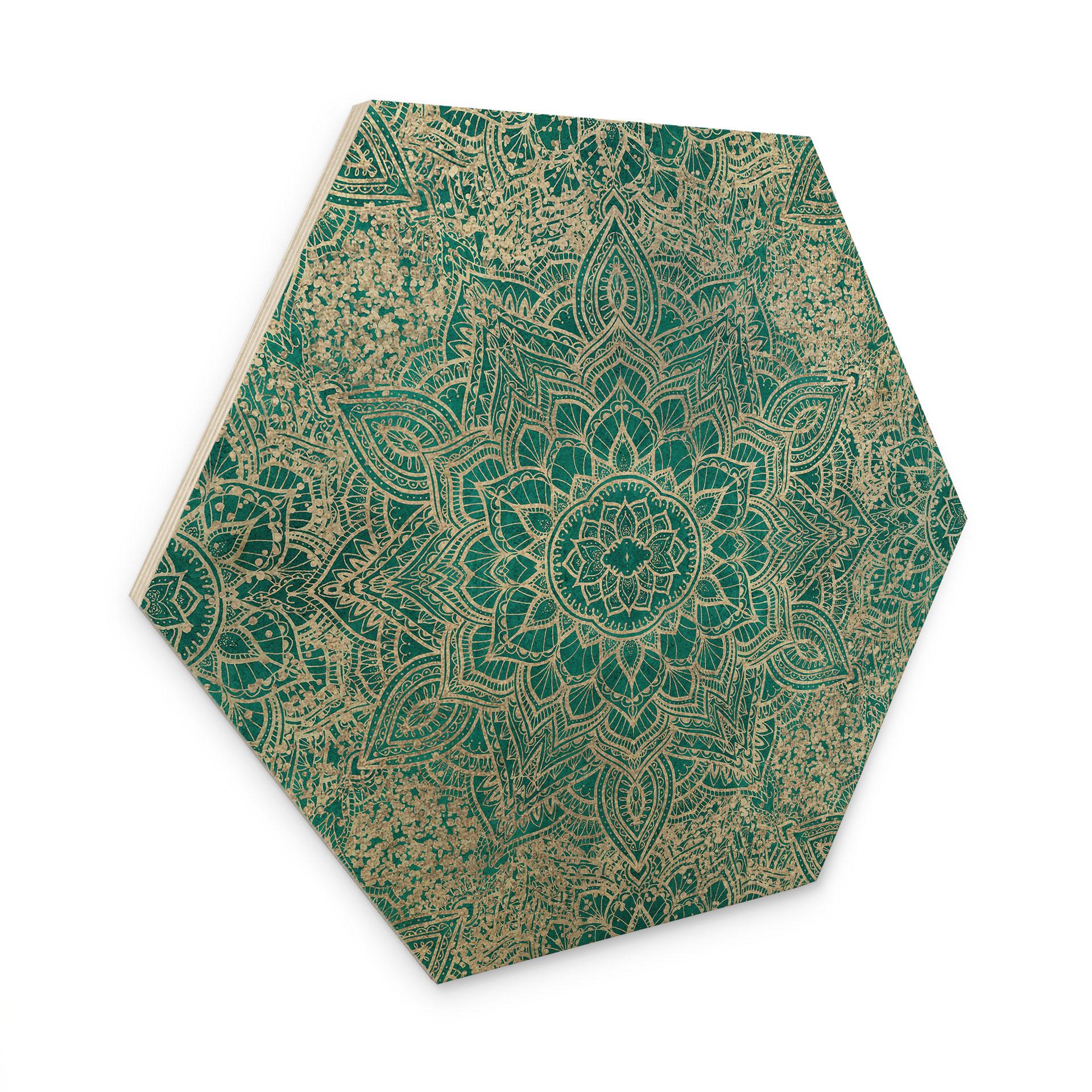 Sekskantet billede af træ Mandala Boho guld-grøn - Bloomery Decor