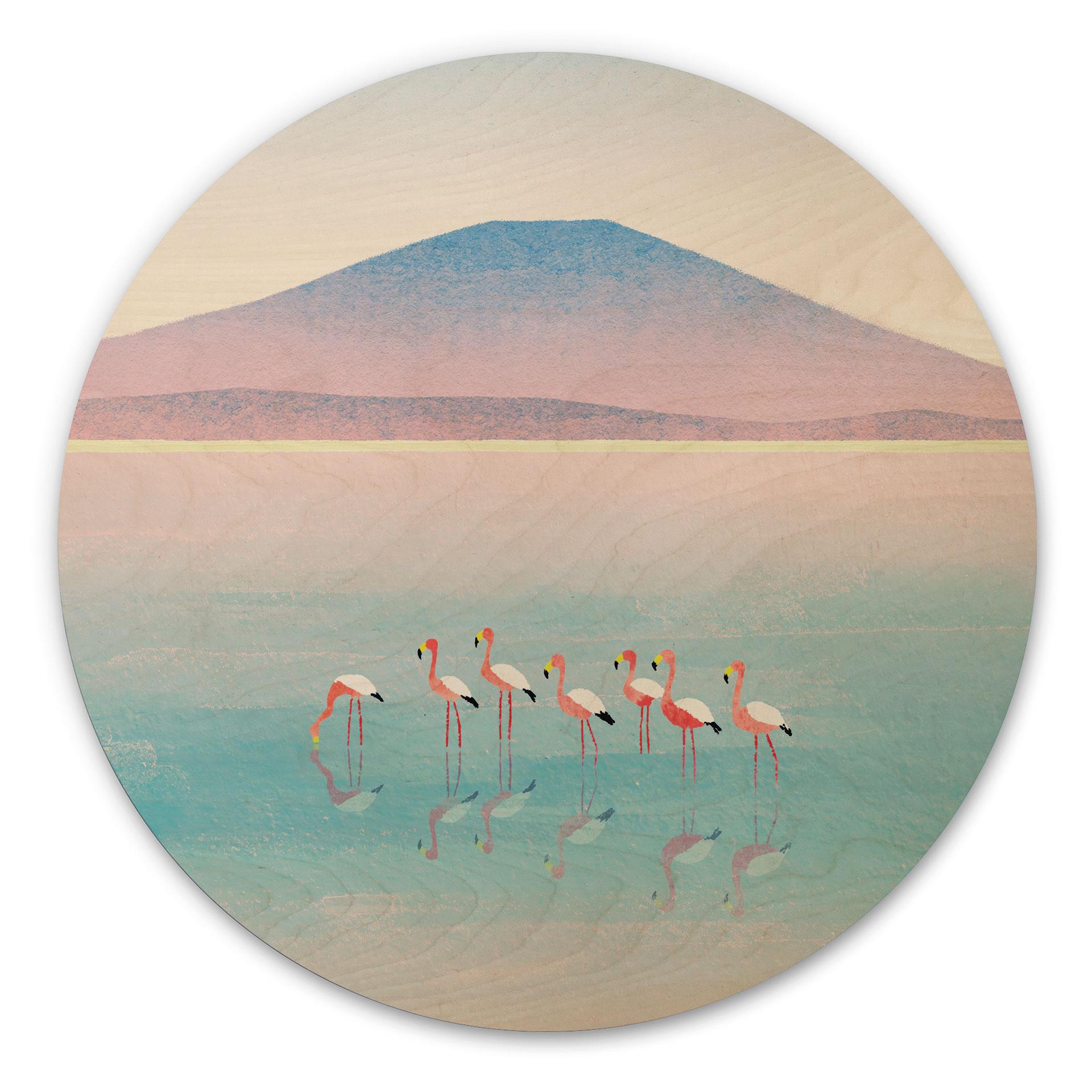 Houten Wanddecoratie Pastelkleurig meer met flamingo's - Rivers - Rond