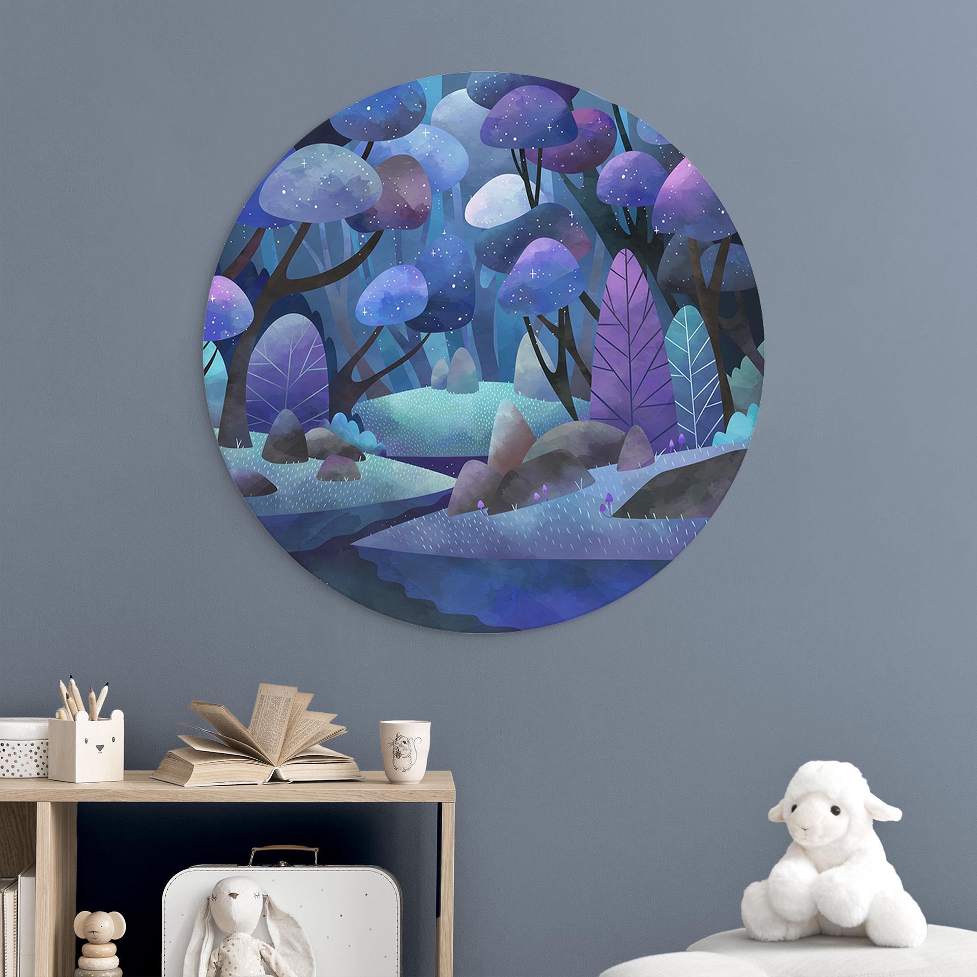 Fortryllet skov i midnatsblå - DigitalArtsi - Rund – print på aluminium (Alu-Dibond)
