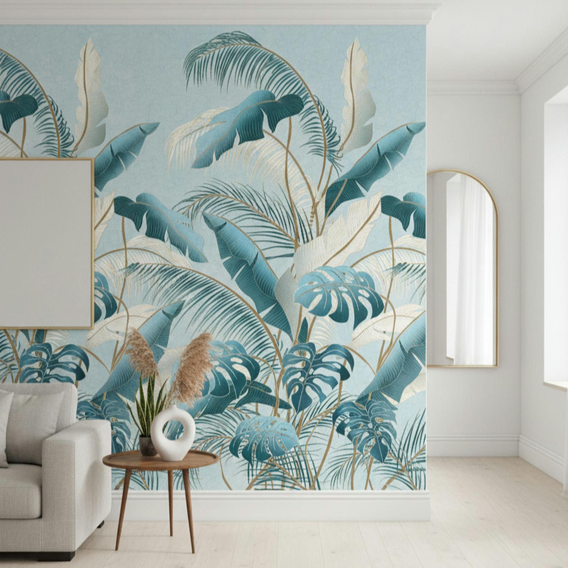 Vliesbehang bloemen, bladeren bloem natuur, jungle mat in blauw 2,70 x 1,59 m