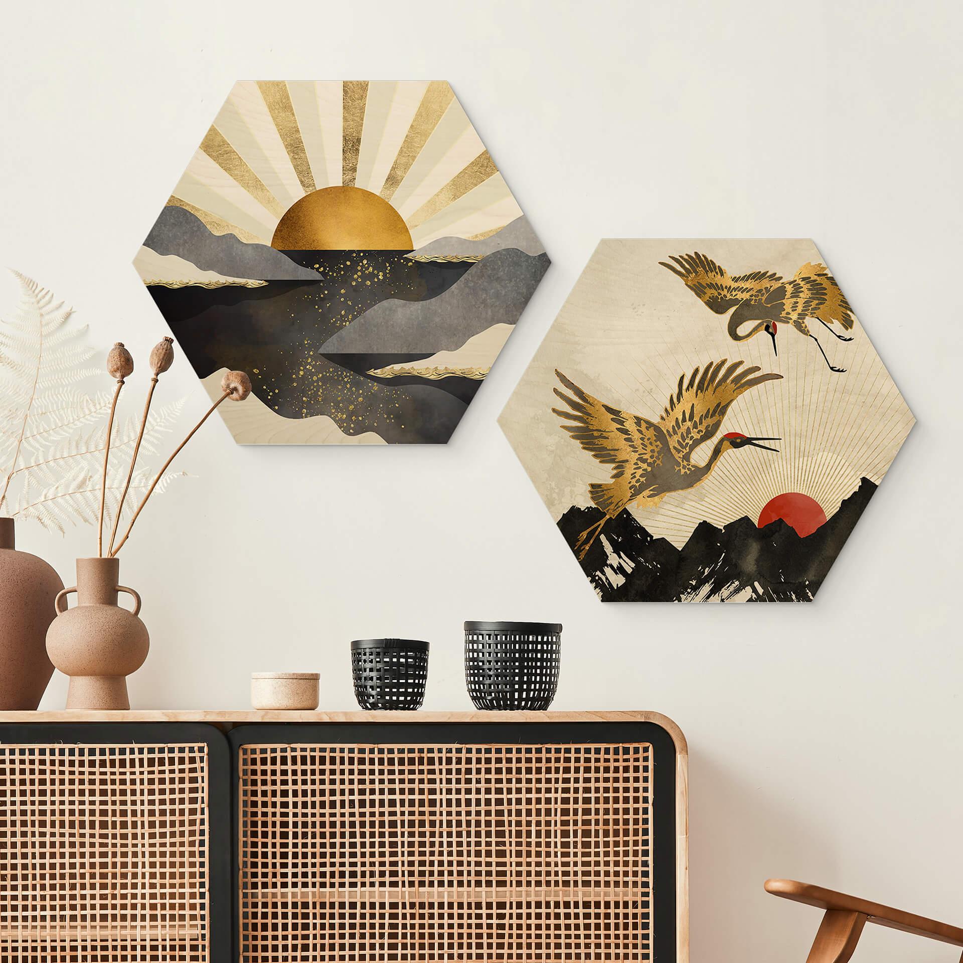 Hexagon Holzbild SpaceFrog Designs - Goldene Kraniche