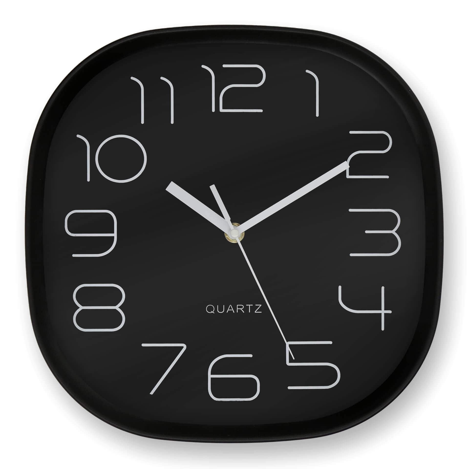 Minimalistische, moderne Wanduhr mit runden Ecken, schwarz | 29x29 cm