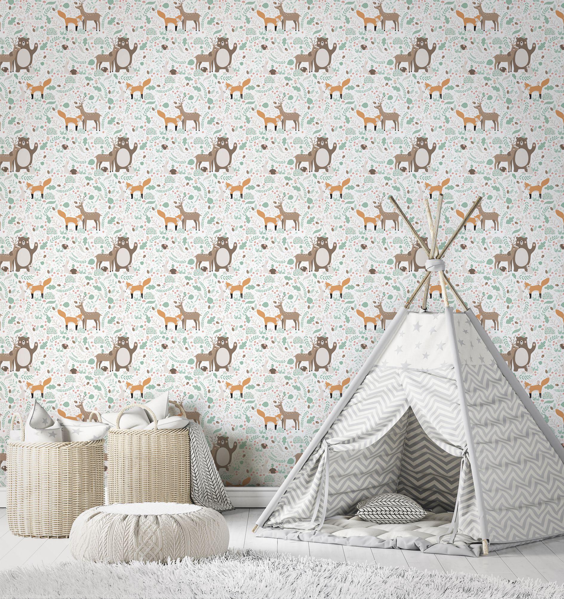Kids wallpaper, vliesbehang met illustratie Kids Walls wit, groen, bruin