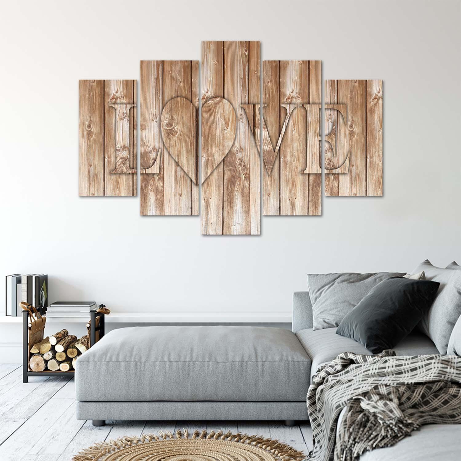 Leinwandbild 5 teilig, Liebe Inschrift Bretter Braun