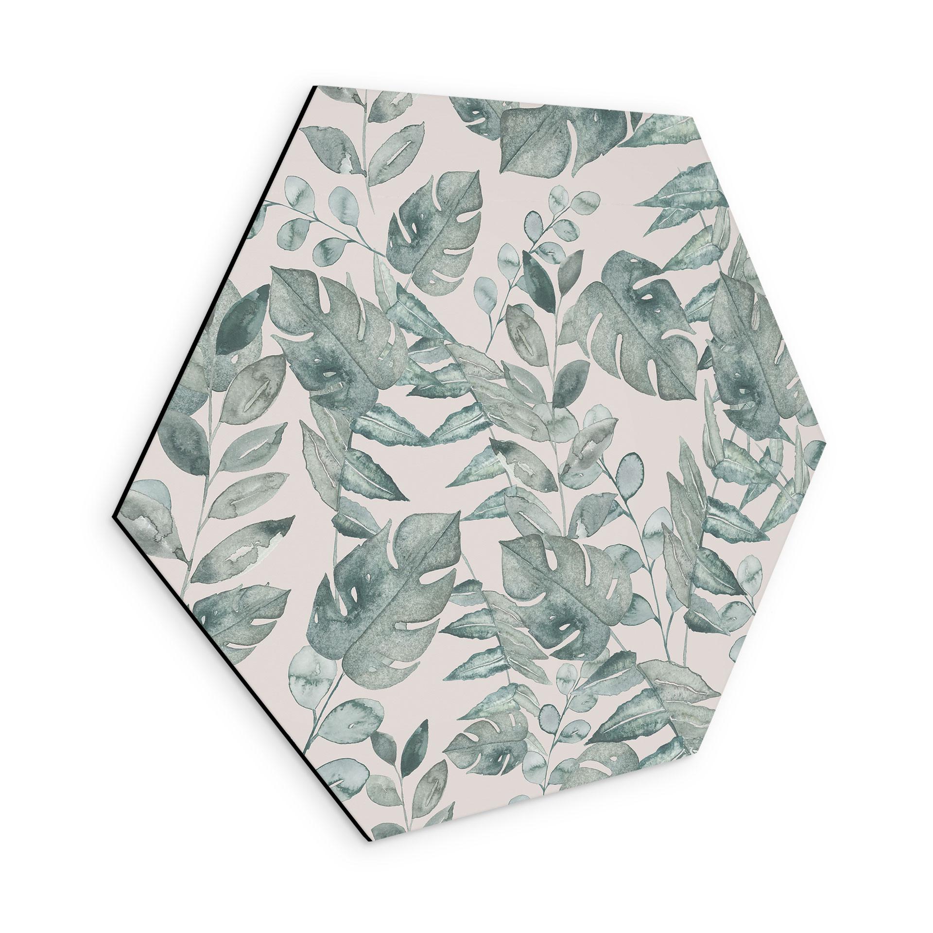 Sekskantet Billede jungleblade akvarel creme - Bloomery Decor - Alu-Dibond