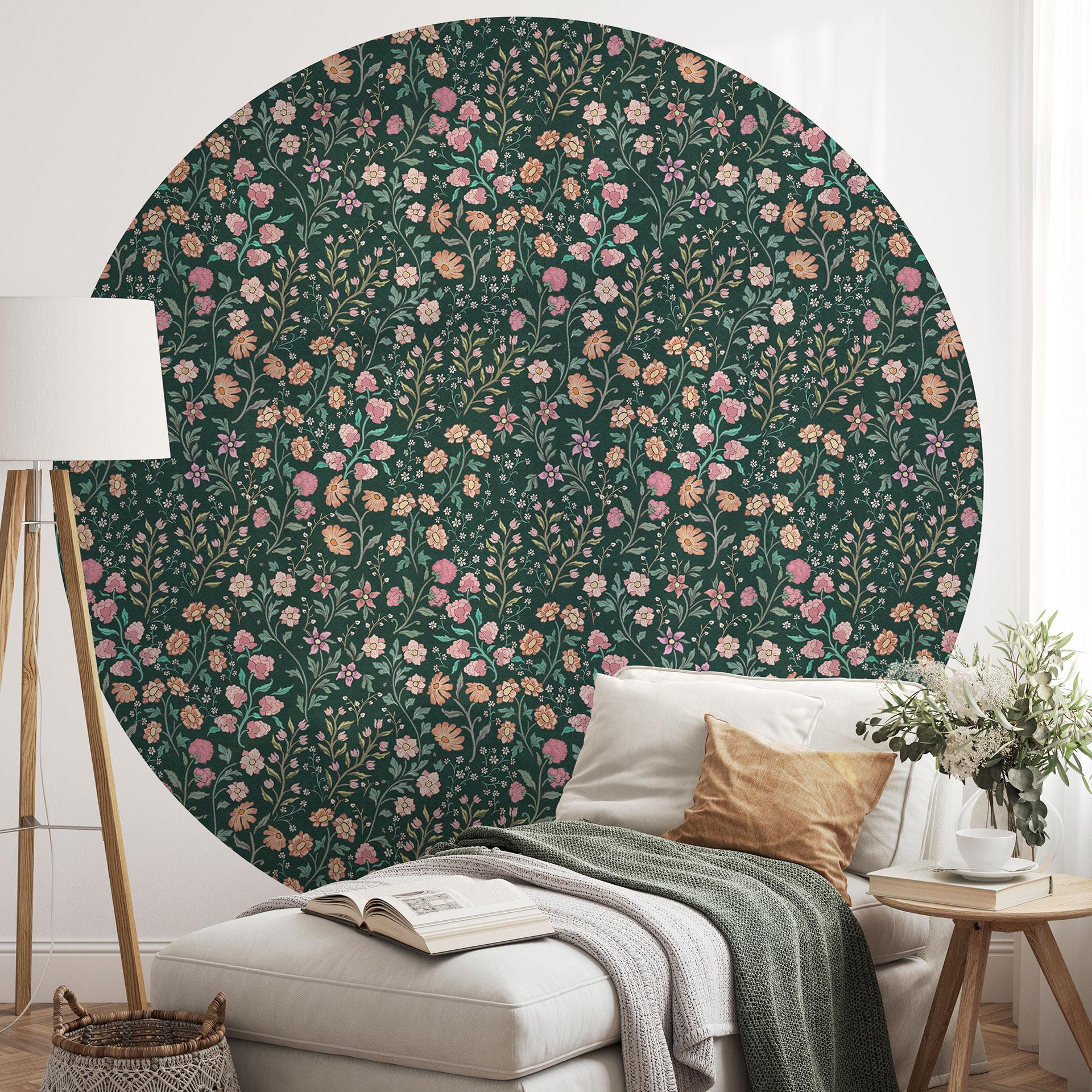 Fototapet med vintage engblomster - Mørkegrønt - Blomsterdekoration - Rundt - Selvklæbende/ikke-væve