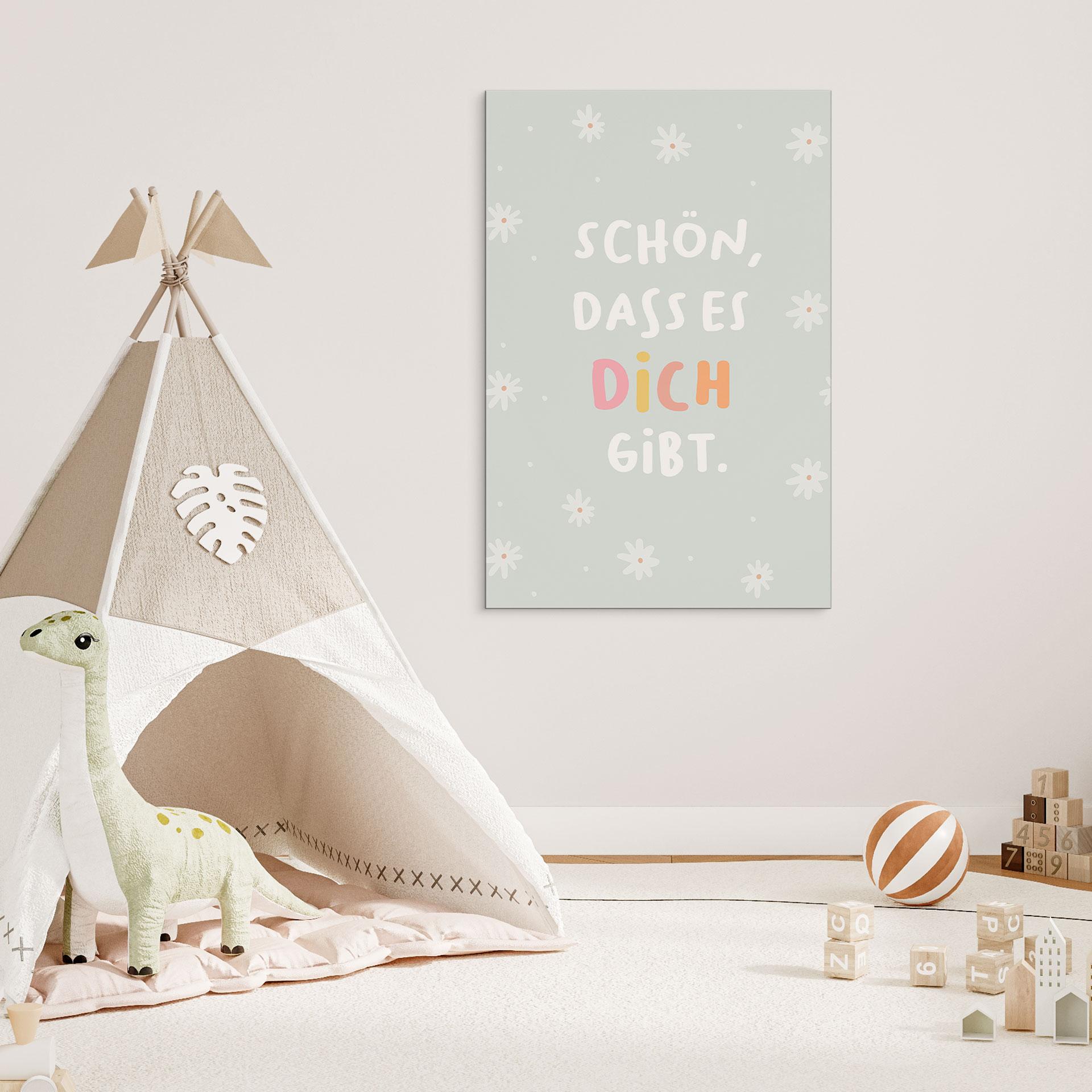 Alu-Dibond Wandbild - Kraftsatz 'Schön, dass es dich gibt' in bunter Typografie für Kinder