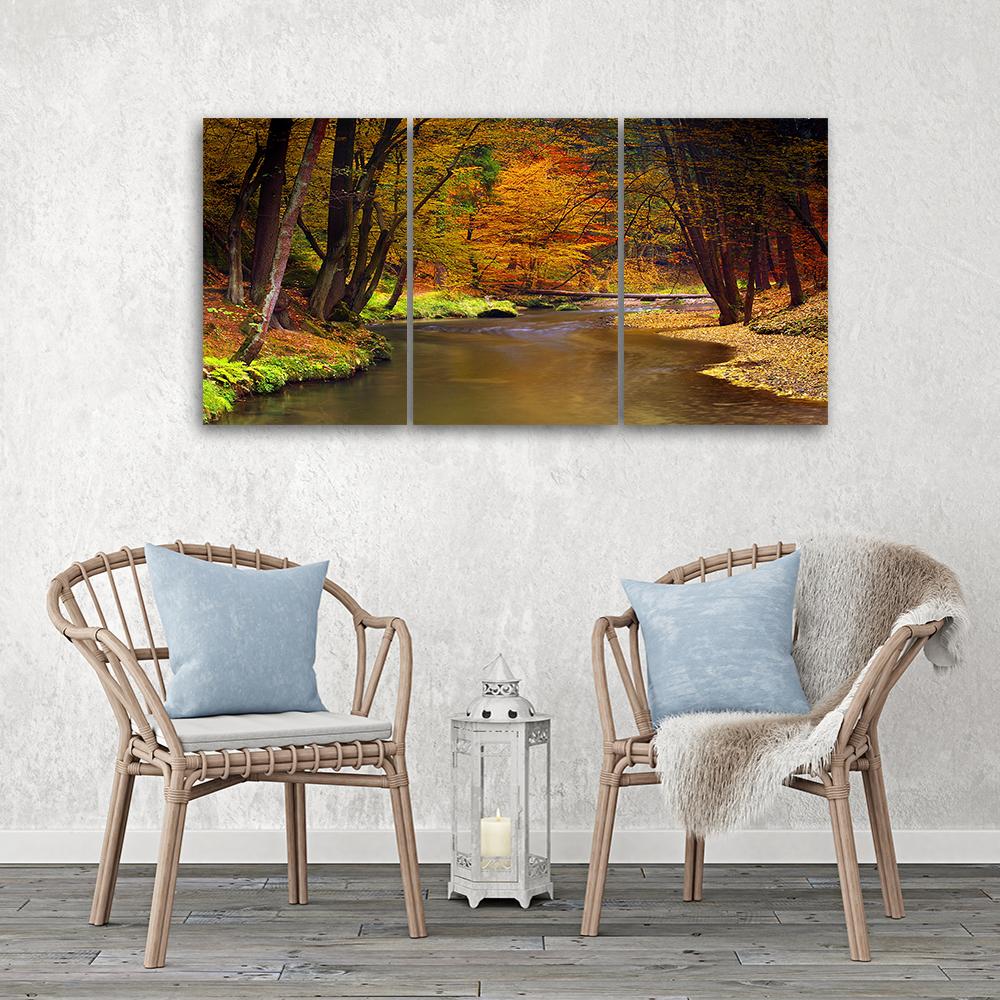 3 stykke lærredstryk, Autumn Forest River