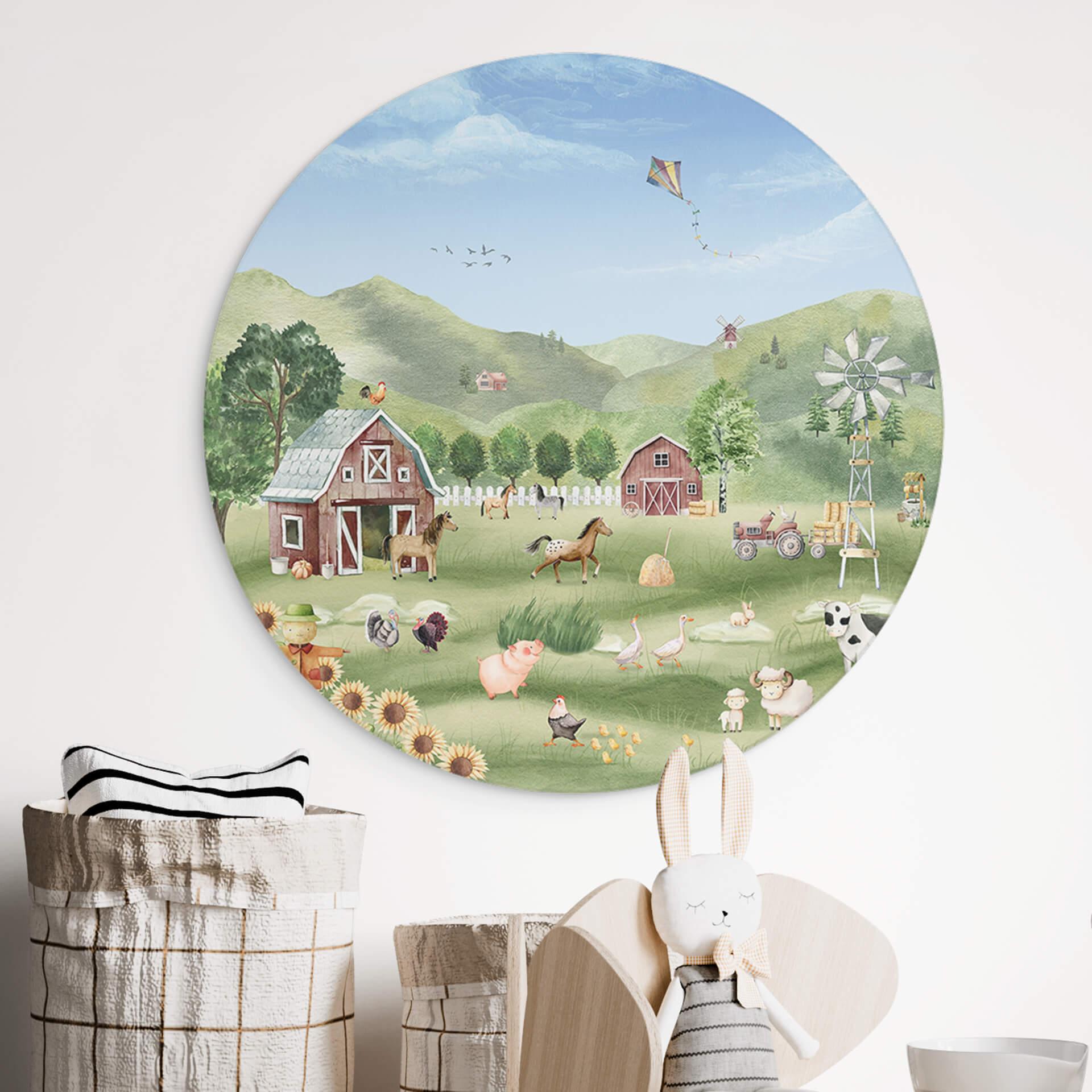 Rundes Wandbild Oliver Robins - Bunter Bauernhof mit Tieren - Alu-Dibond