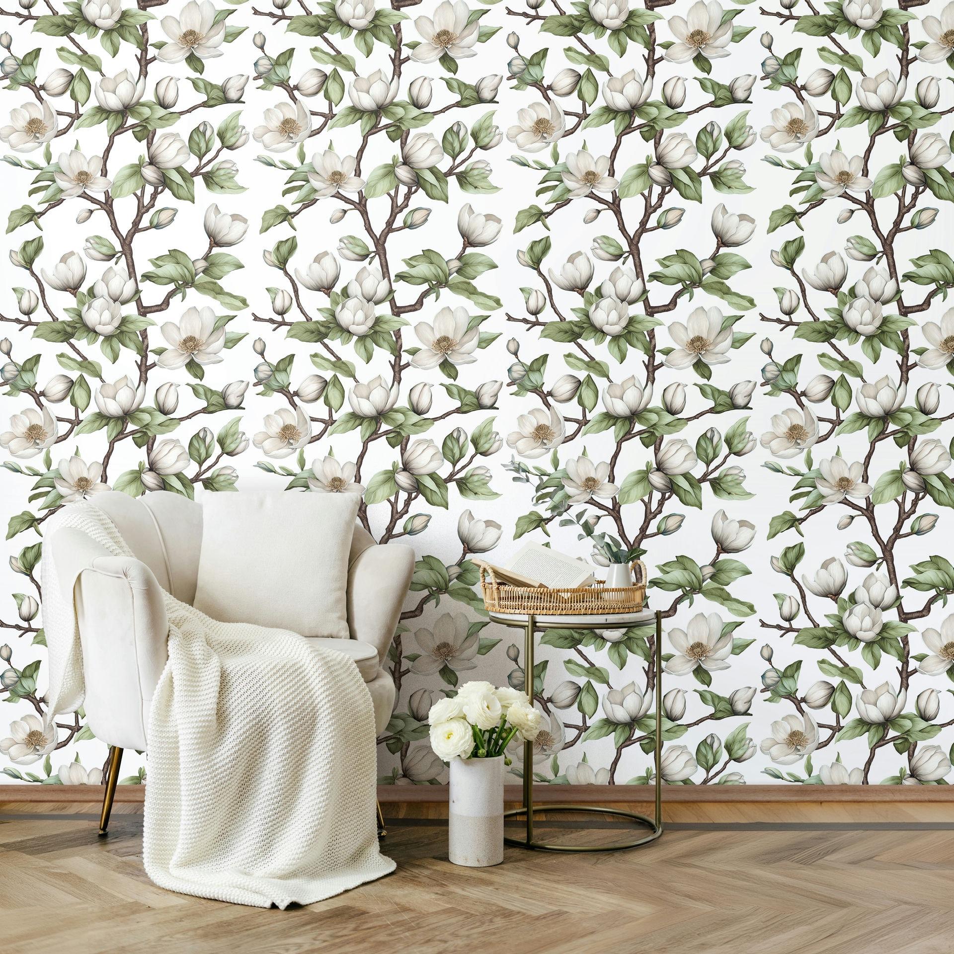 Vliesbehang takken, bloemen bloemen natuur wit groen