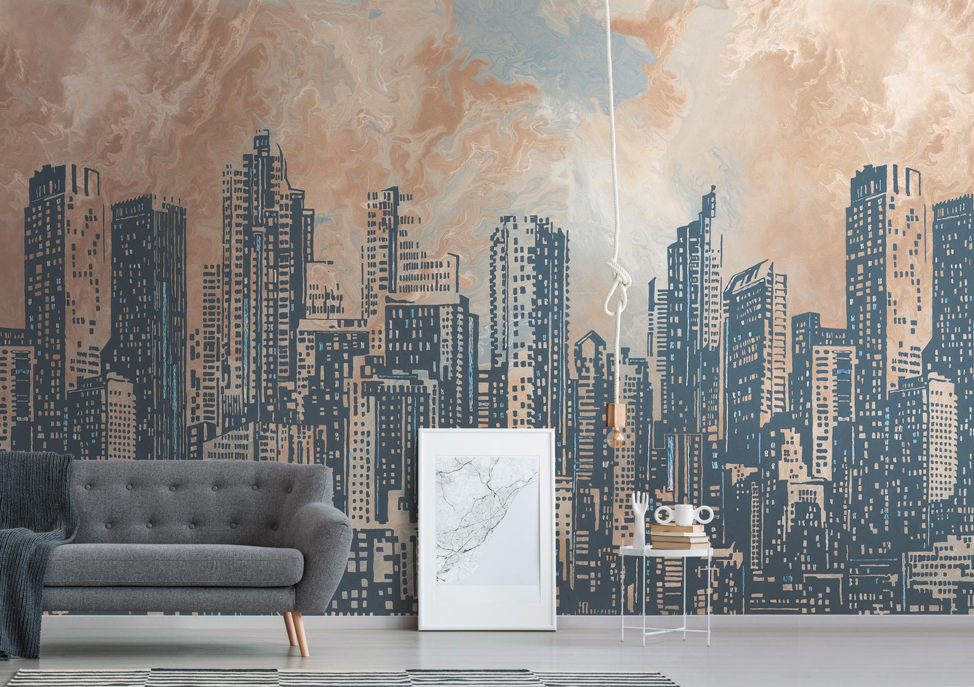 tapet skyline orange grå - non-woven tapet arkitektur Livingwalls - mat og glat