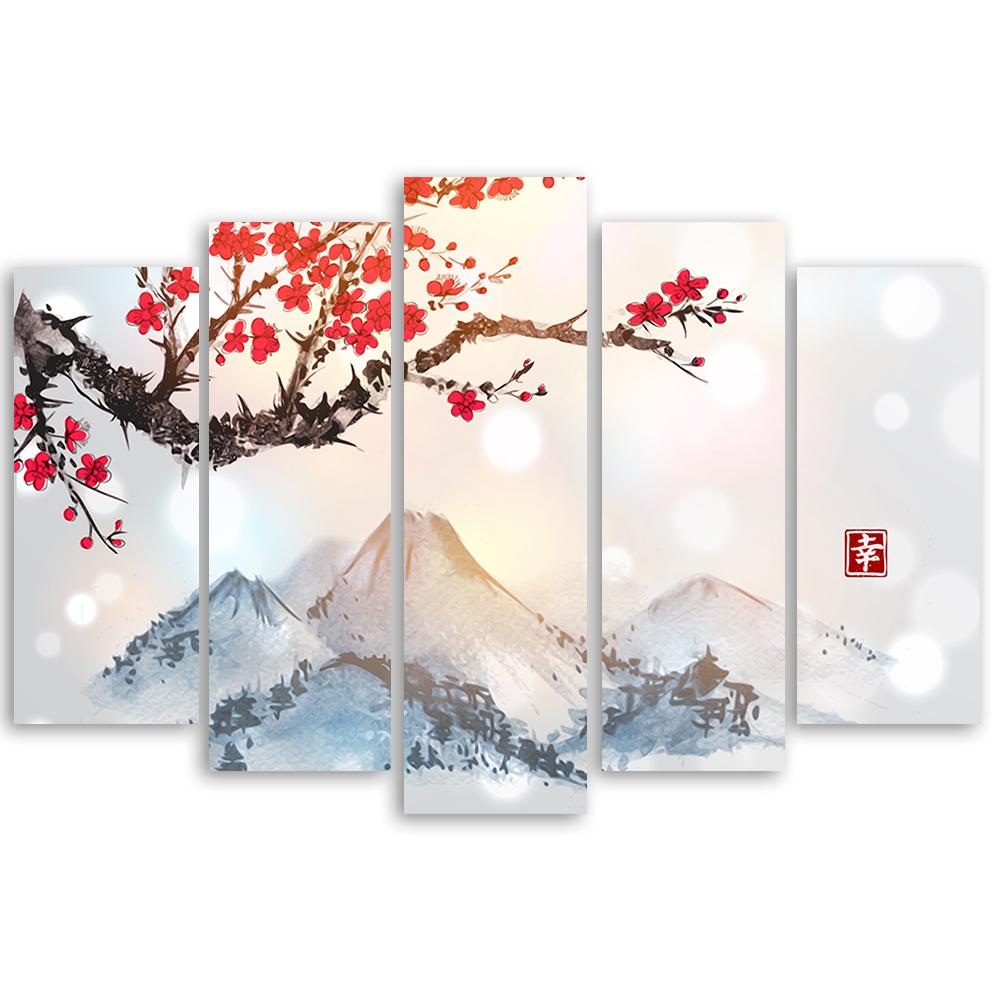 5 stykke lærredstryk, Japan Cherry Blossom Mountains