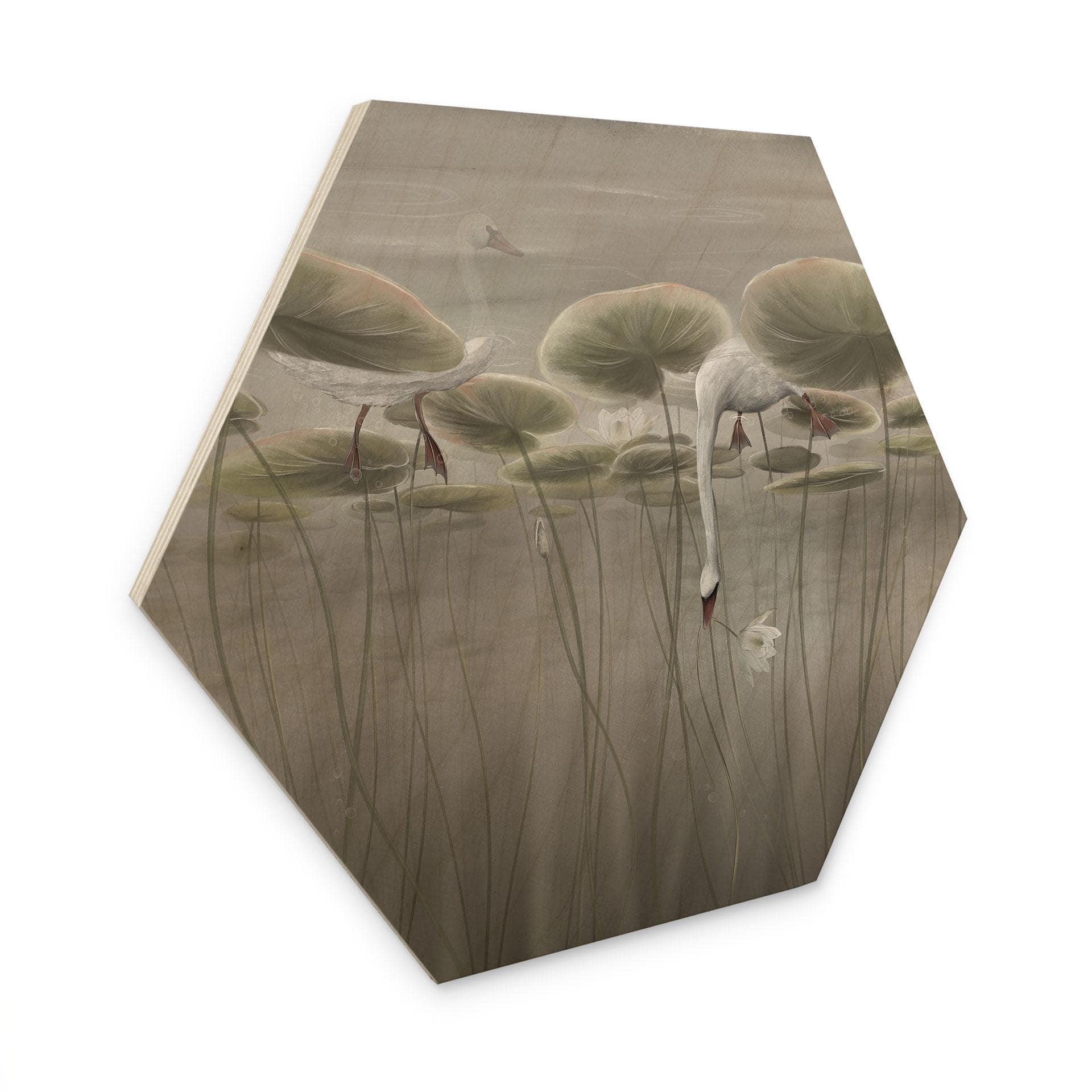 Houten Wanddecoratie lotusbloemen met zwaan in het water in grijs - Ms Tiff