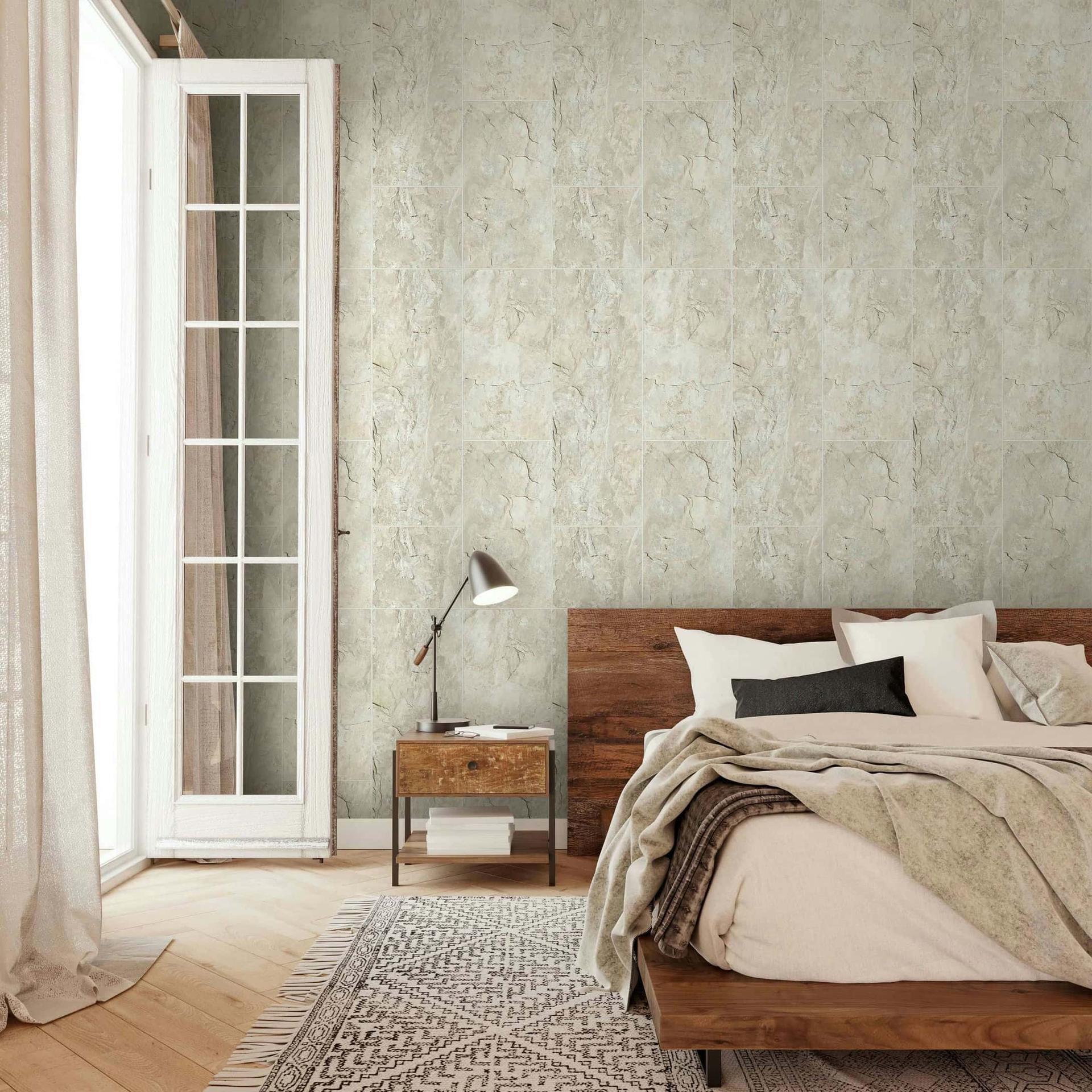 vliesbehang in tegellook als shabby chic beige tegeleffect