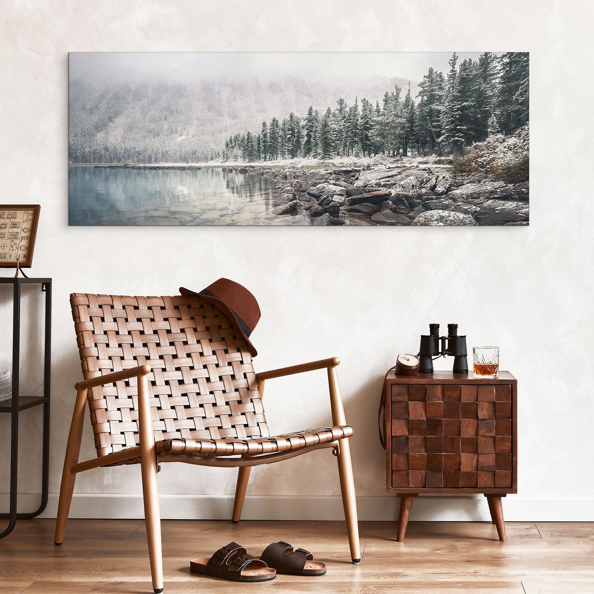 Billede af vinterskov ved søen - Rostovskiy - Alu-Dibond Panorama – print på aluminium (Alu-Dibond)