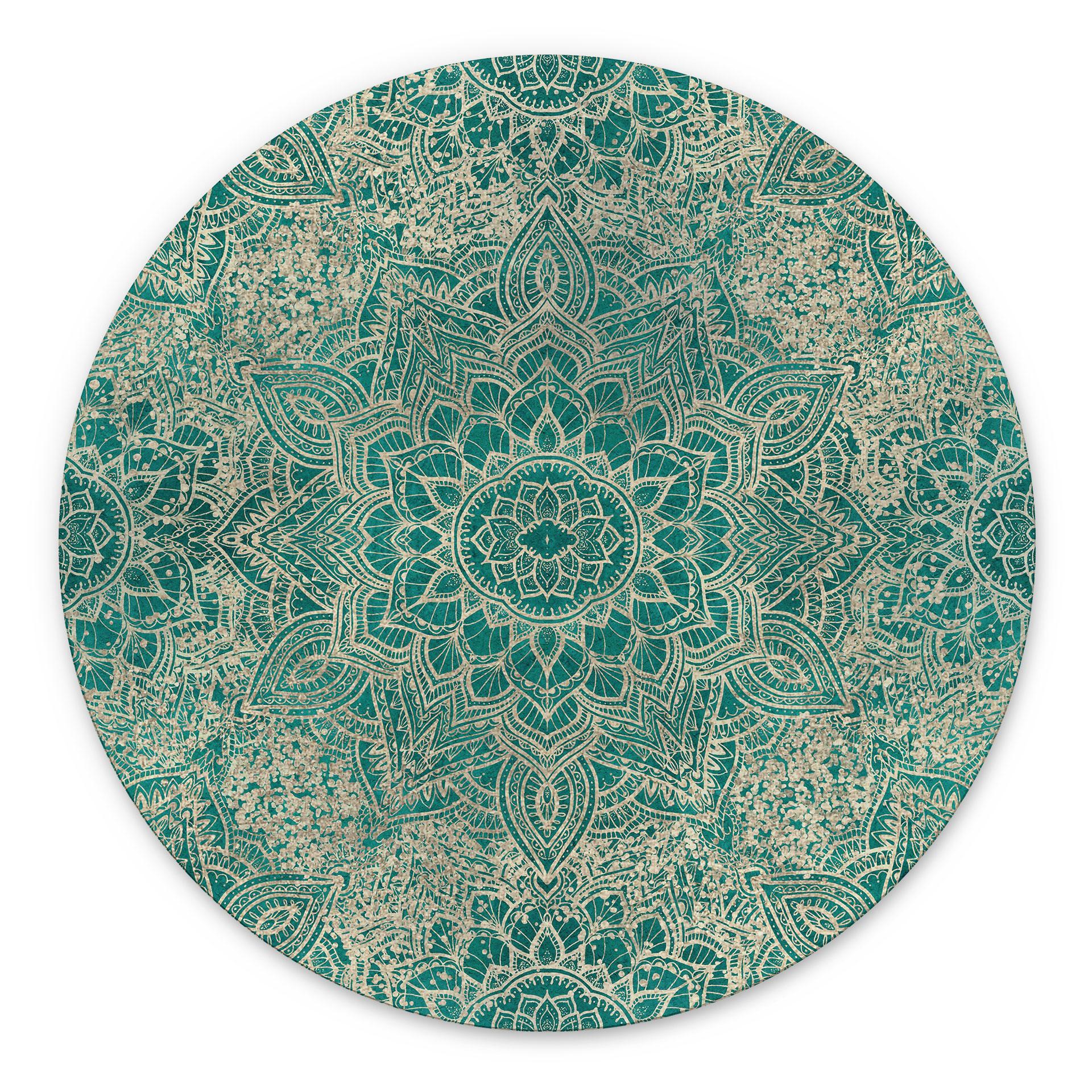 Billede Mandala Boho Guld-grøn - Bloomery Decor - rund – print på aluminium (Alu-Dibond)