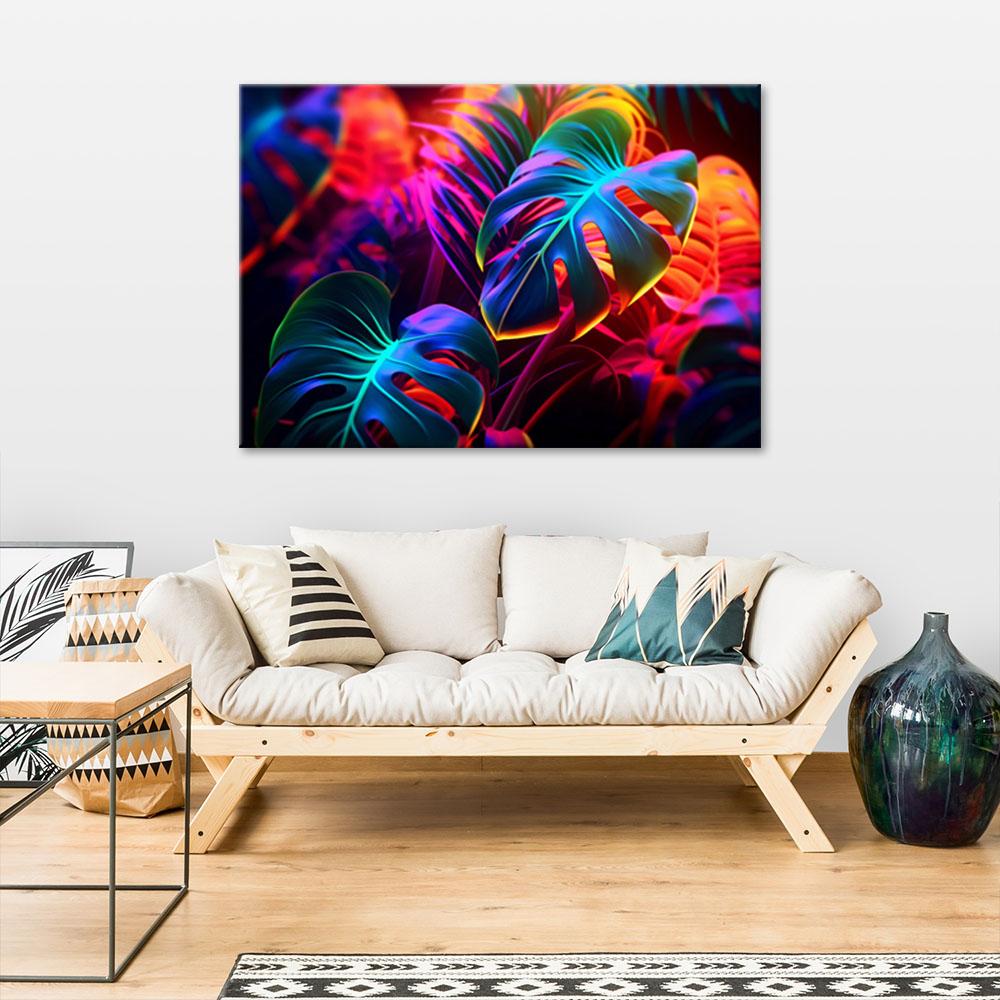 Canvasbillede, Monstera-blade i neonfarver
