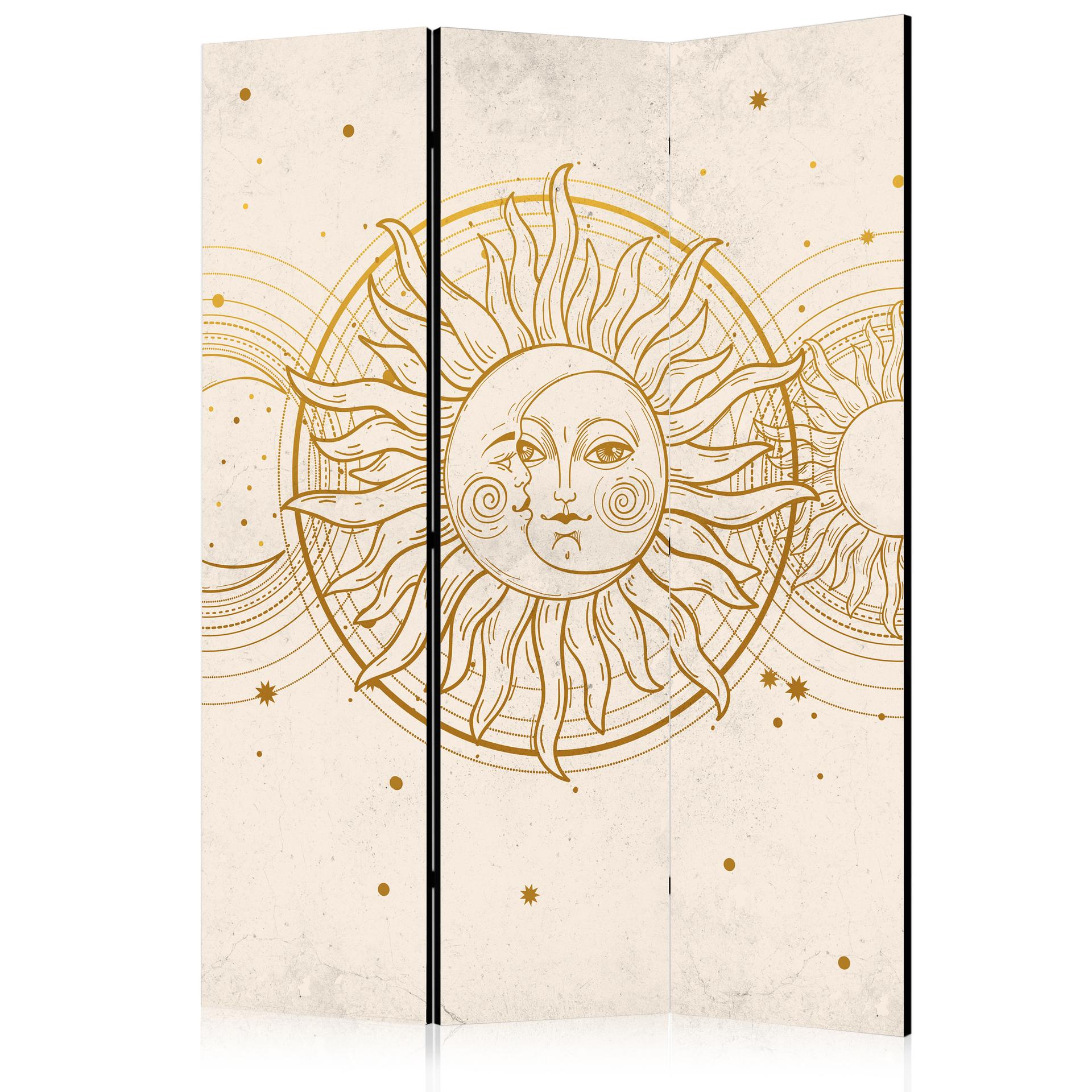 Paravent, Raumteiler freistehend, Trennwand - Golden Sun and Moon - Artistic Retro Style Illustratio