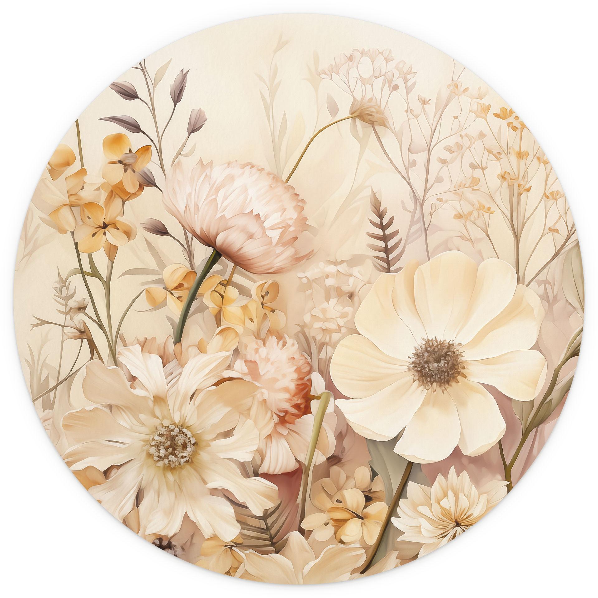 Vintage Bloemenpracht in de Weide | Bloemenbehang - Lola Peacock - Rond - vliesbehang/zelfklevend vl