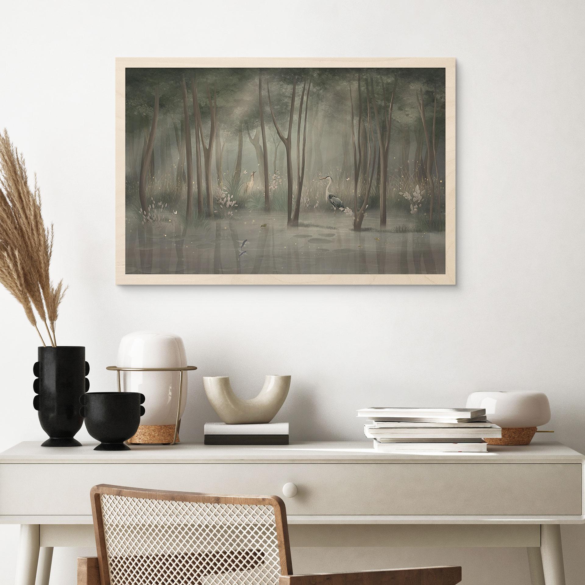 Holzbild Nebelwald am See mit Reiher in Grün - Ms Tiff