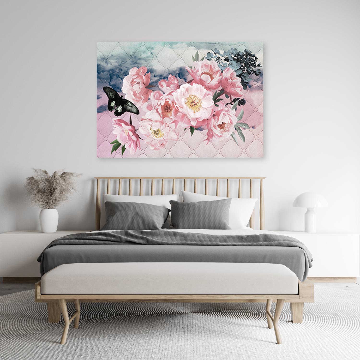 Canvasbillede, Lyserøde blomster og sommerfugl