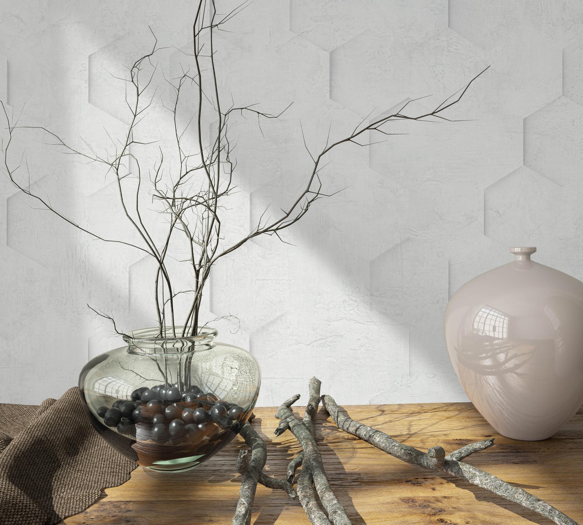 Vliesbehang met 3D honingraatmotief wit grafisch