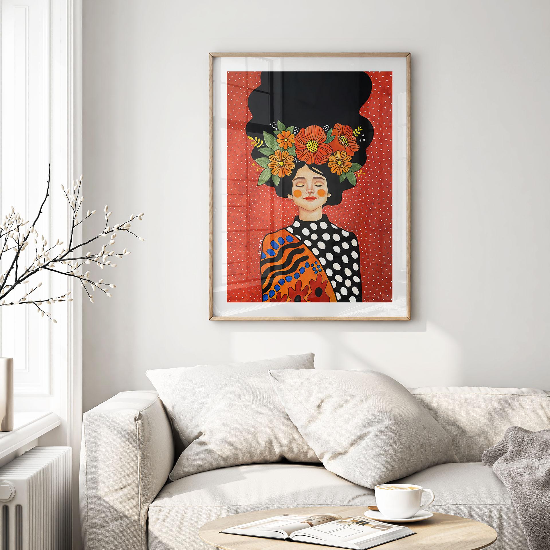 Plakat Smilende kvinde med orange blomster - Hülya