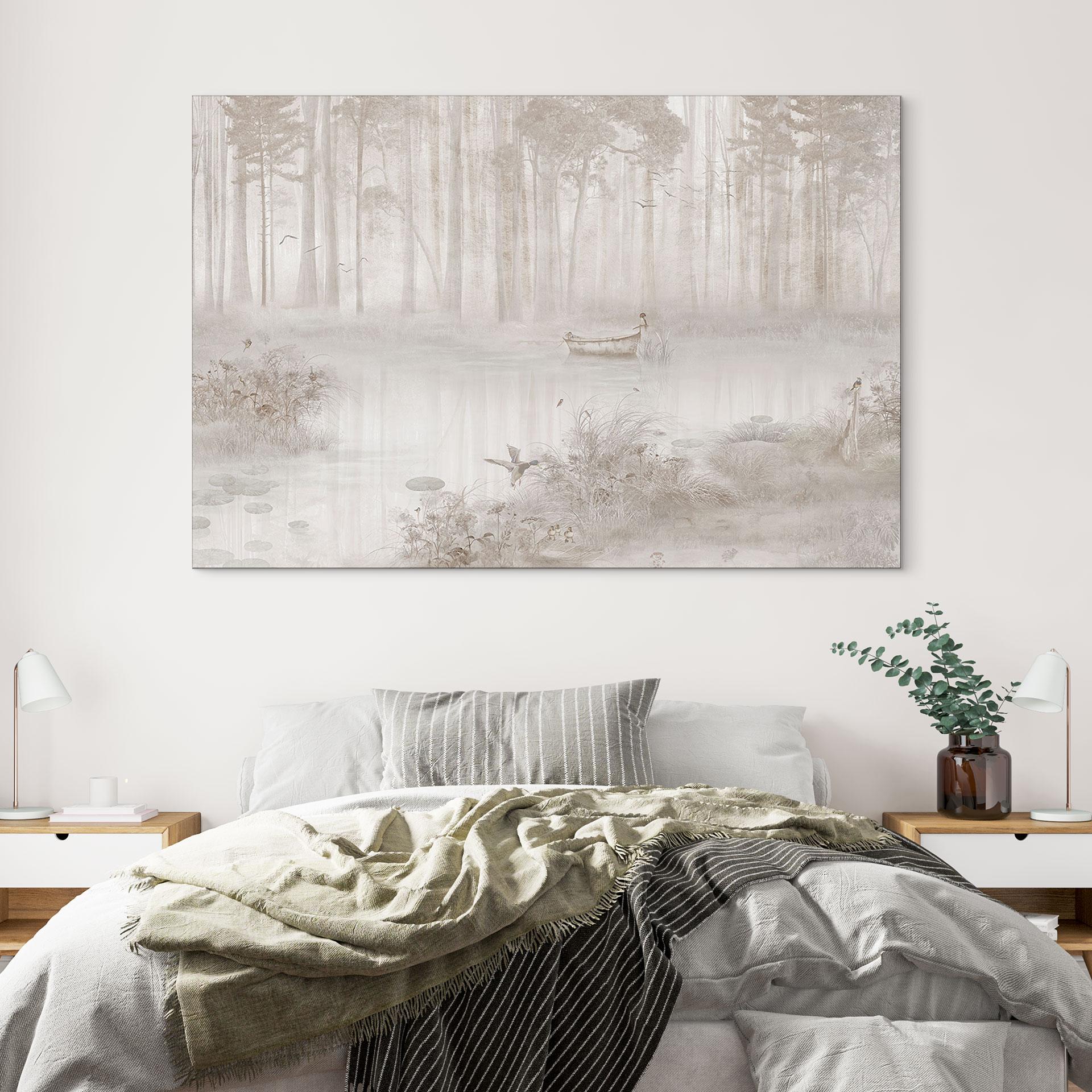 Wandbild Wald am See im Nebel in Beige - Ms Tiff - Alu-Dibond