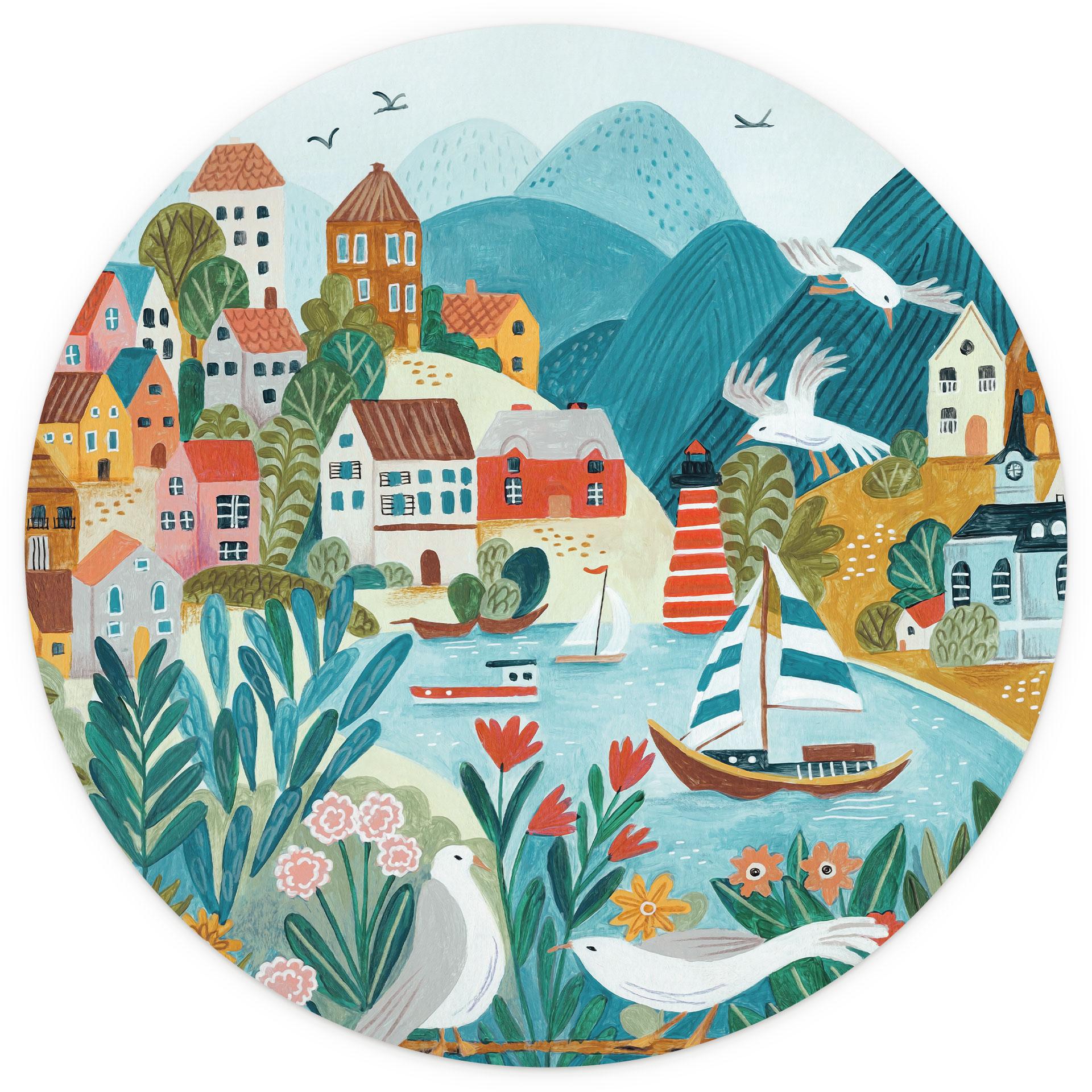 Kleurrijk kustdorp in de zomer Fotobehang - Bonne Müller - Rond - vliesbehang/zelfklevend vliesbehan