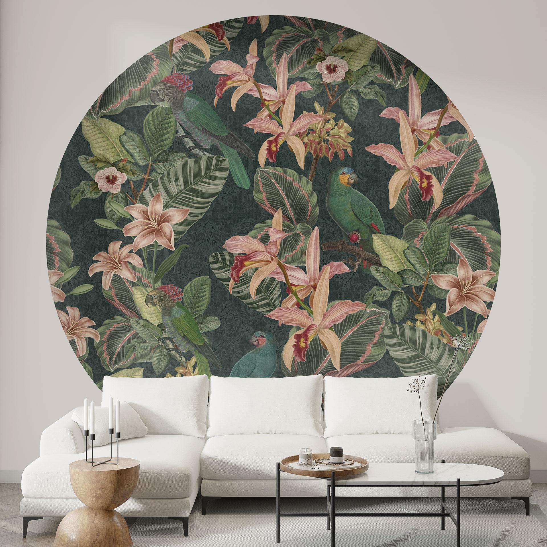 Jungle med papegøjer Fototapet - Blomsterdekoration - Rundt - Selvklæbende/ikke-vævet